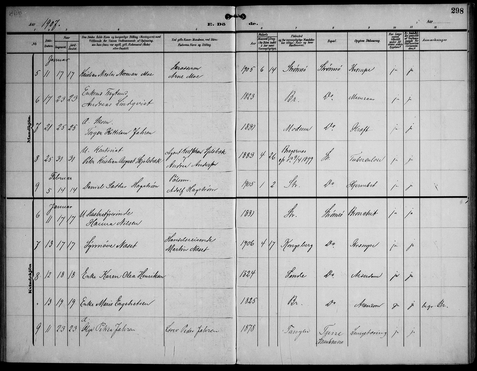 Strømsø kirkebøker, SAKO/A-246/F/Fa/L0026: Parish register (official) no. I 26, 1905-1914, p. 298