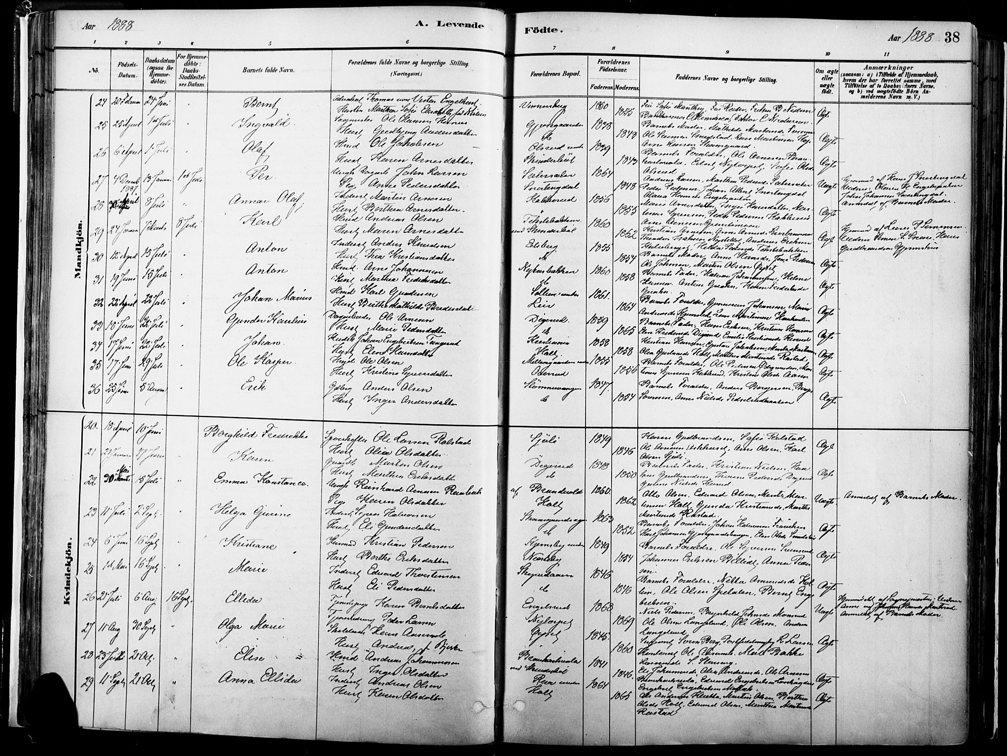 Vinger prestekontor, SAH/PREST-024/H/Ha/Haa/L0014: Parish register (official) no. 14, 1881-1900, p. 38