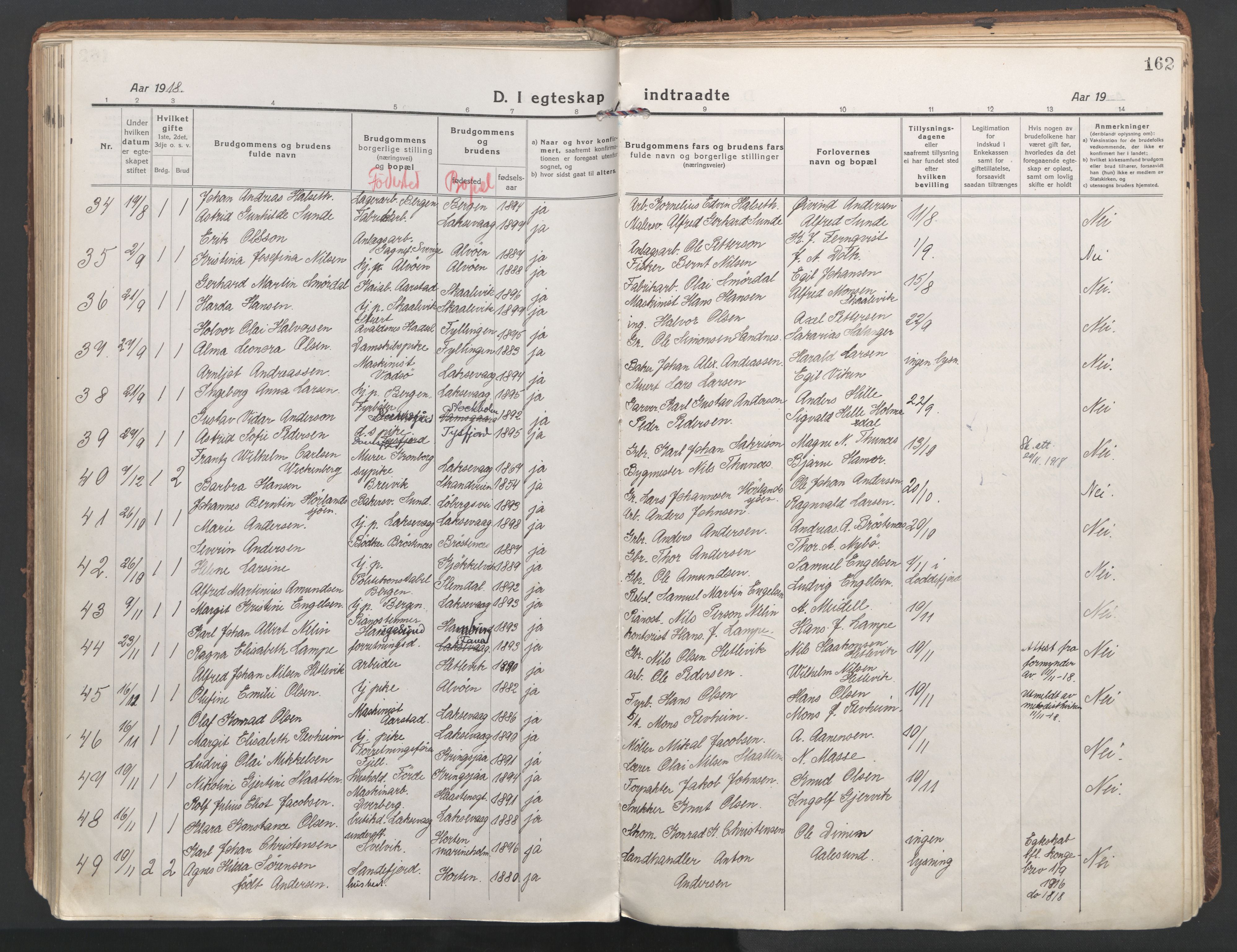 Laksevåg Sokneprestembete, AV/SAB-A-76501/H/Ha/Haa/Haaa/L0002: Parish register (official) no. A 2, 1917-1927, p. 162