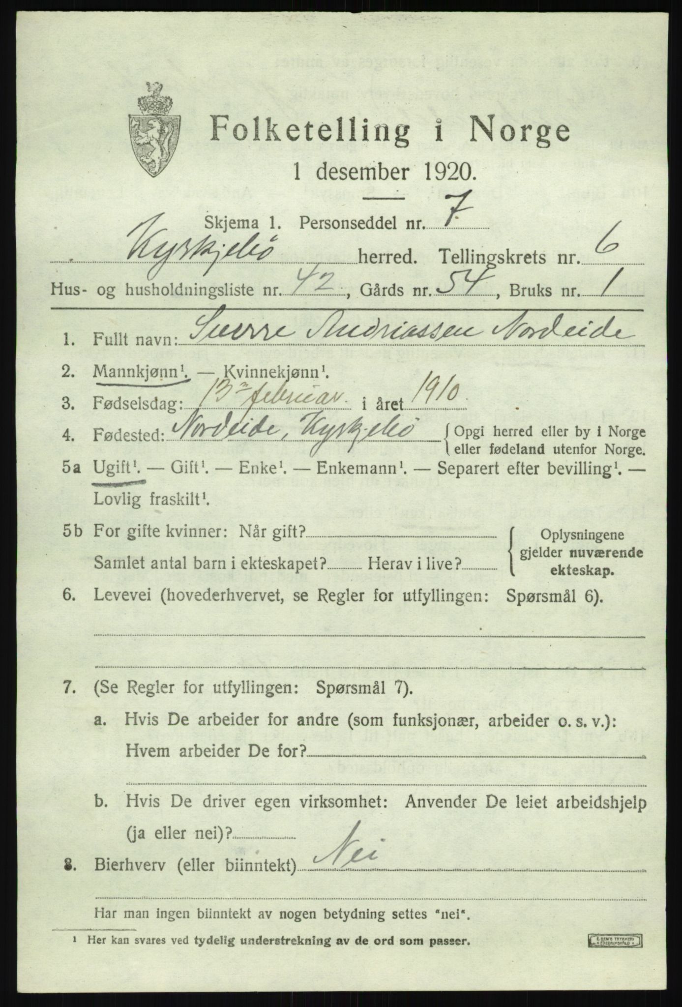 SAB, 1920 census for Kyrkjebø, 1920, p. 3447