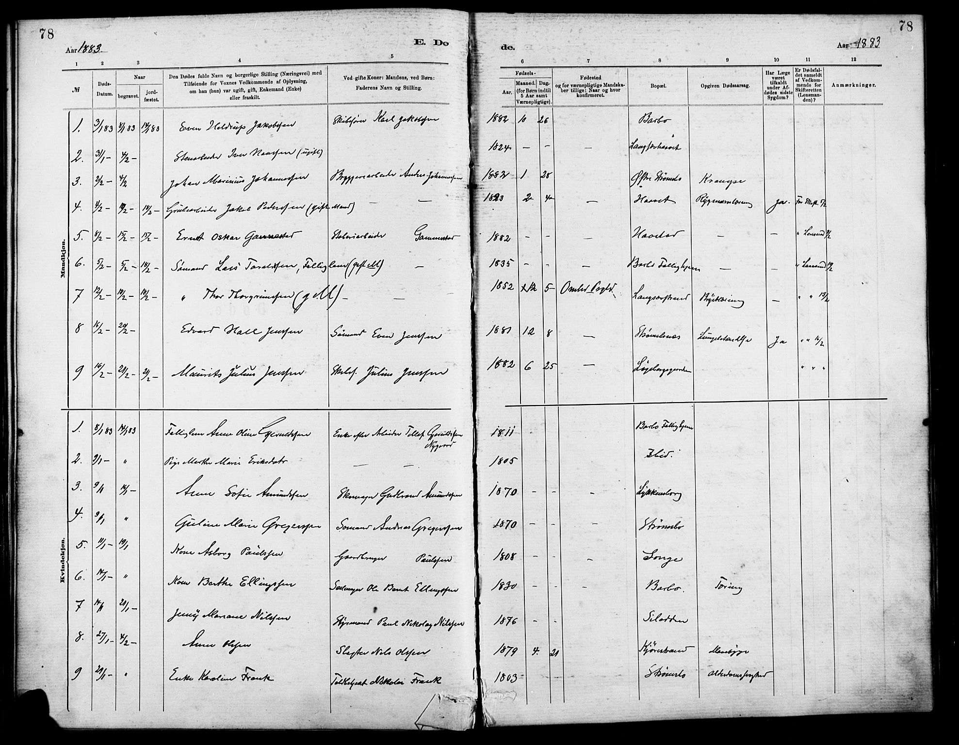 Barbu sokneprestkontor, AV/SAK-1111-0003/F/Fa/L0003: Parish register (official) no. A 3, 1883-1898, p. 78