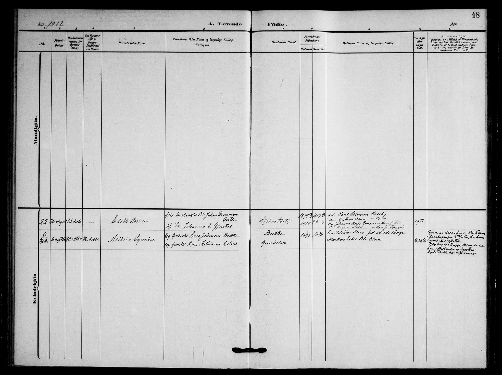 Våle kirkebøker, AV/SAKO-A-334/F/Fa/L0012: Parish register (official) no. I 12, 1907-1934, p. 48