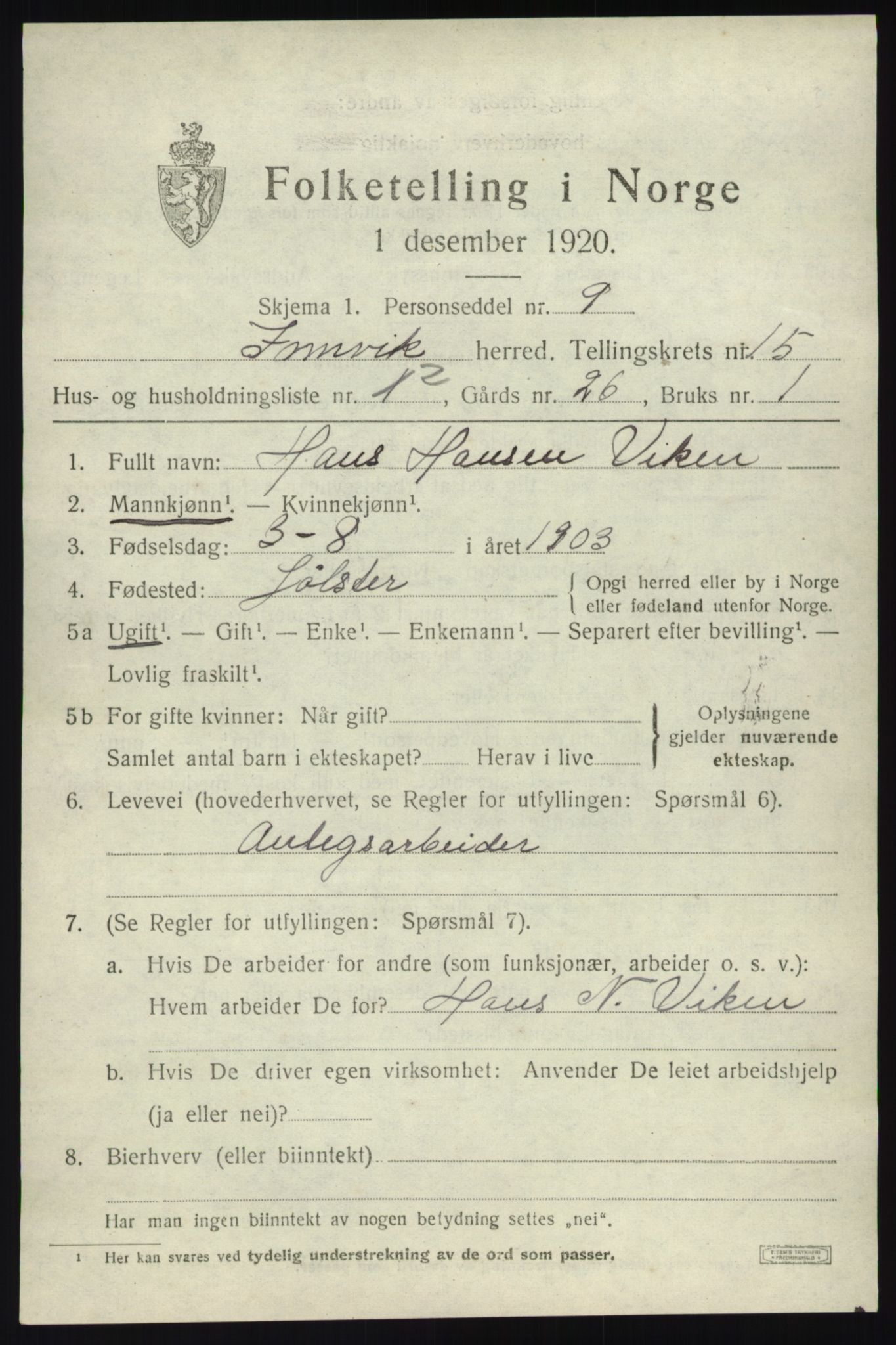 SAB, 1920 census for Innvik, 1920, p. 6141
