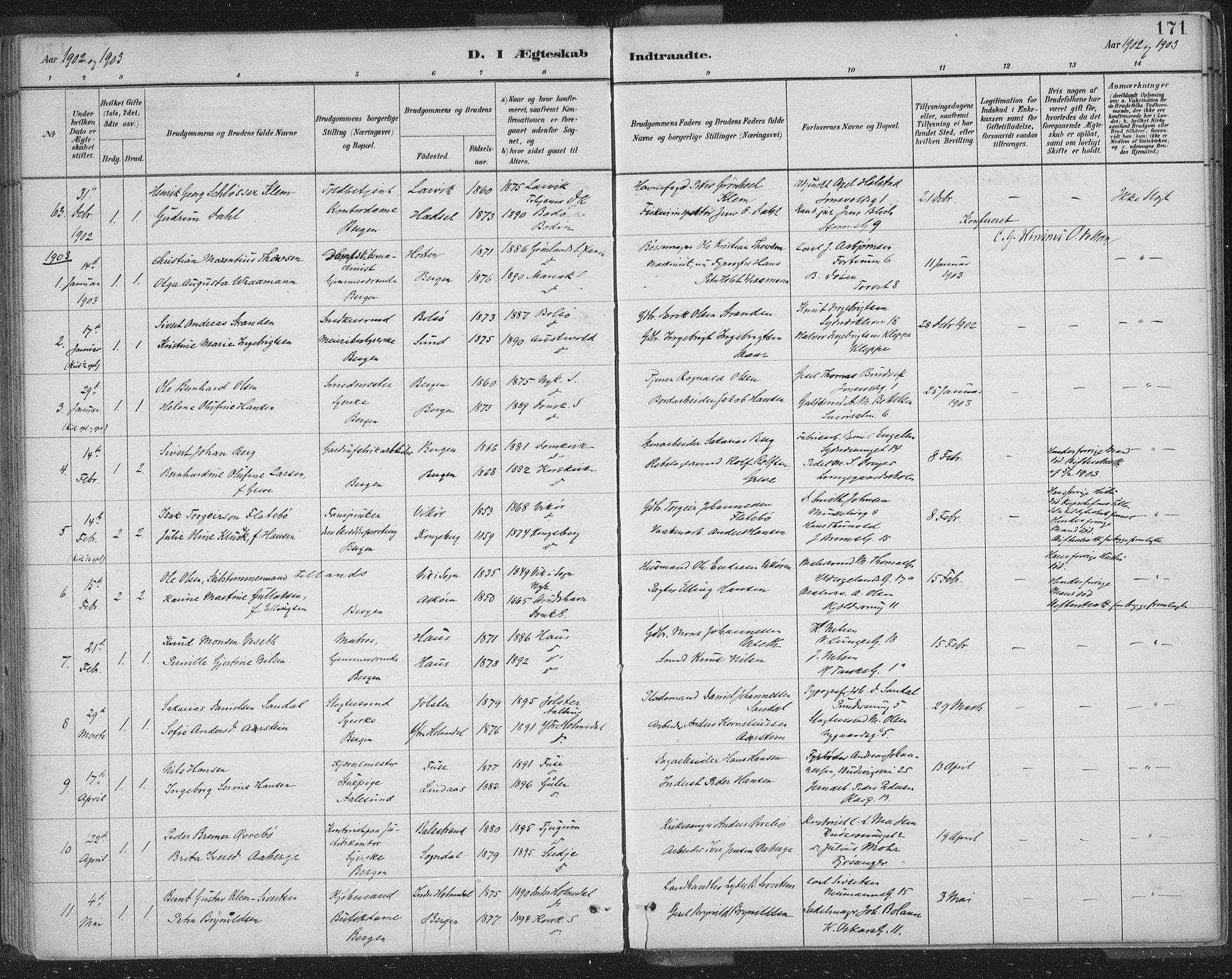 Domkirken sokneprestembete, SAB/A-74801/H/Hab/L0032: Parish register (copy) no. D 4, 1880-1907, p. 171