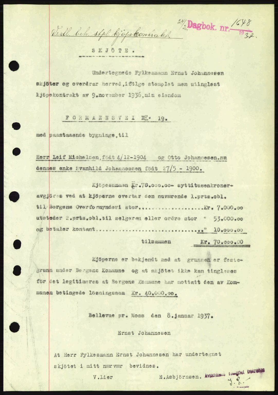 Byfogd og Byskriver i Bergen, SAB/A-3401/03/03Bc/L0004: Mortgage book no. A3-4, 1936-1937, Diary no: : 1648/1937