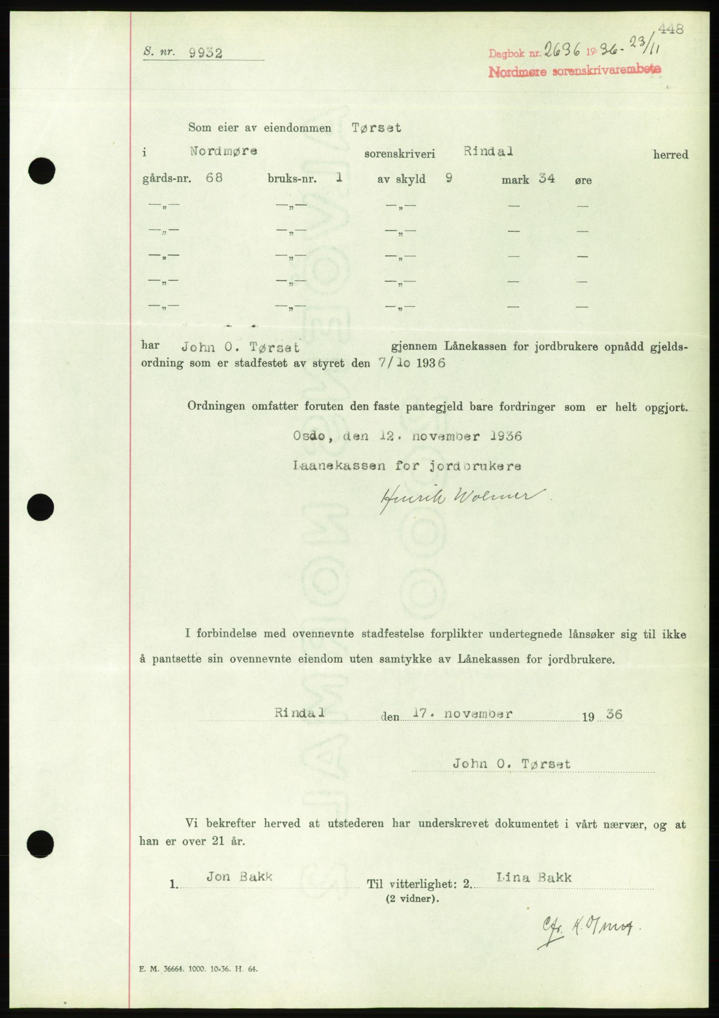 Nordmøre sorenskriveri, AV/SAT-A-4132/1/2/2Ca/L0090: Mortgage book no. B80, 1936-1937, Diary no: : 2636/1936