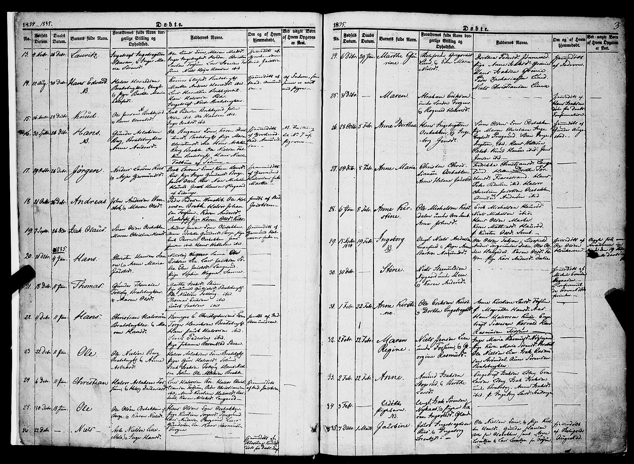 Gjerpen kirkebøker, AV/SAKO-A-265/F/Fa/L0007a: Parish register (official) no. I 7A, 1834-1857, p. 3