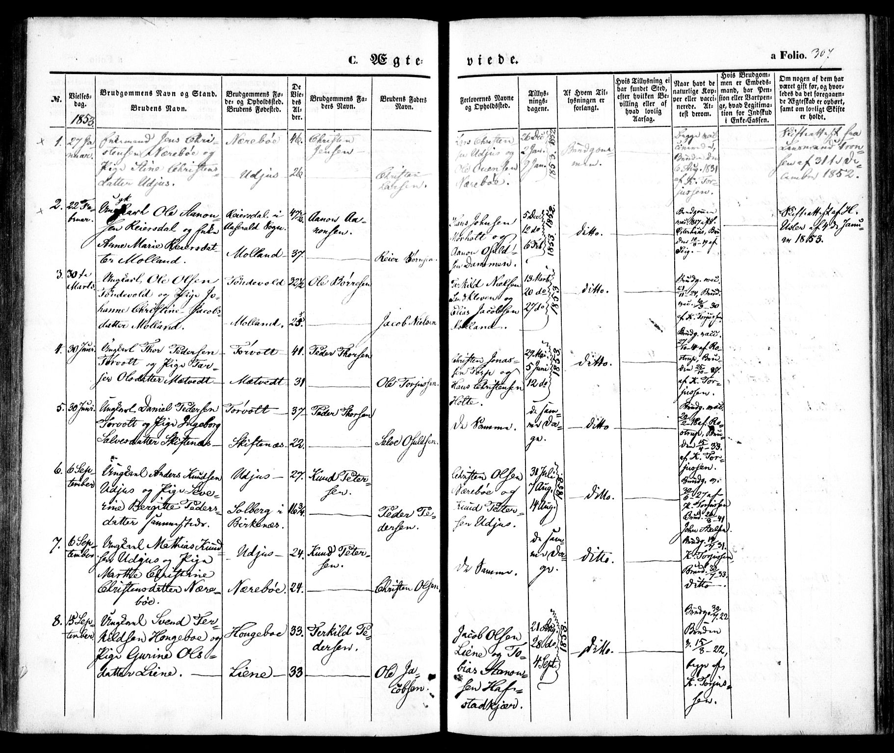 Hommedal sokneprestkontor, SAK/1111-0023/F/Fa/Fab/L0004: Parish register (official) no. A 4, 1848-1860, p. 307