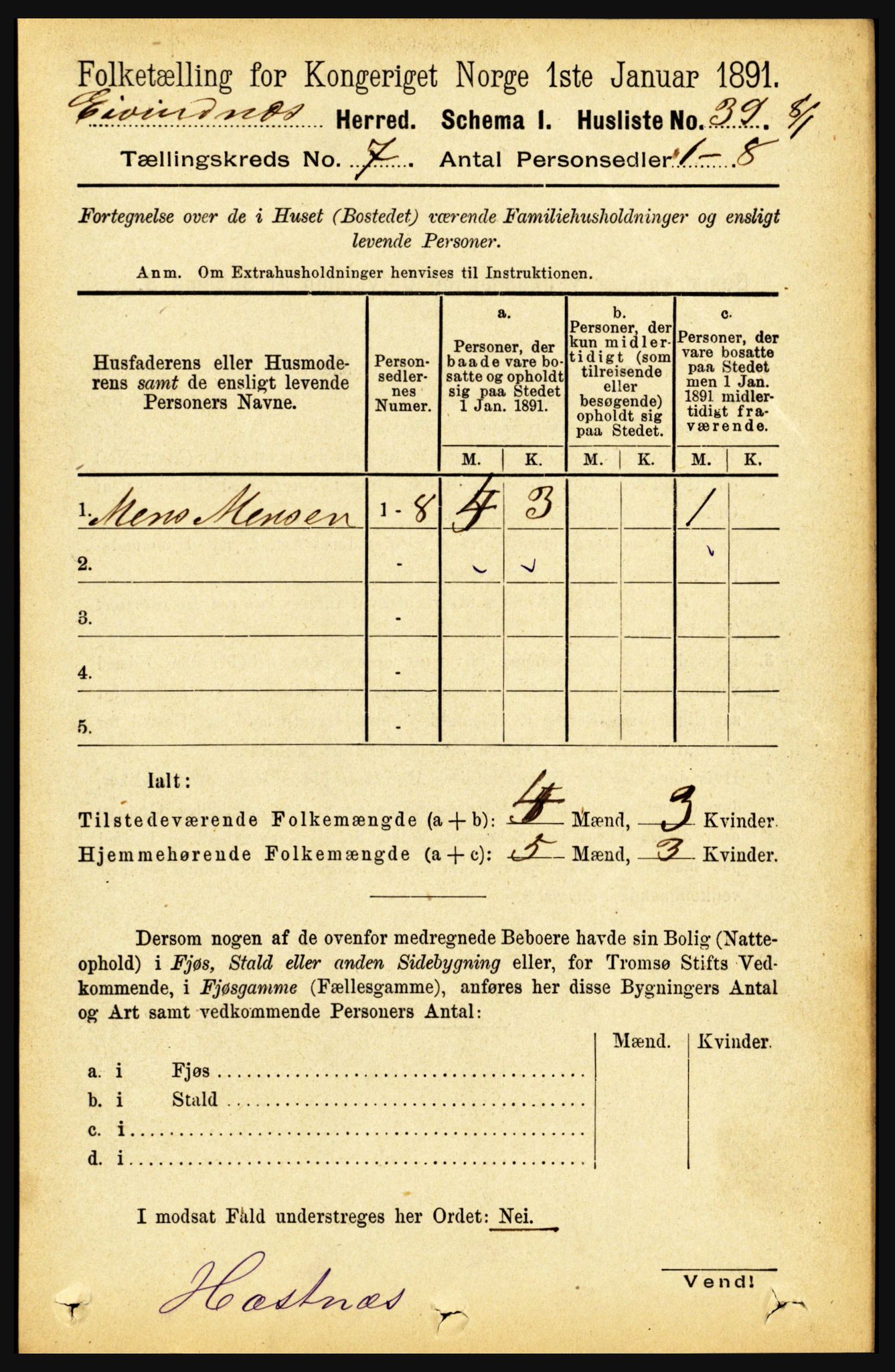 RA, 1891 census for 1853 Evenes, 1891, p. 2160