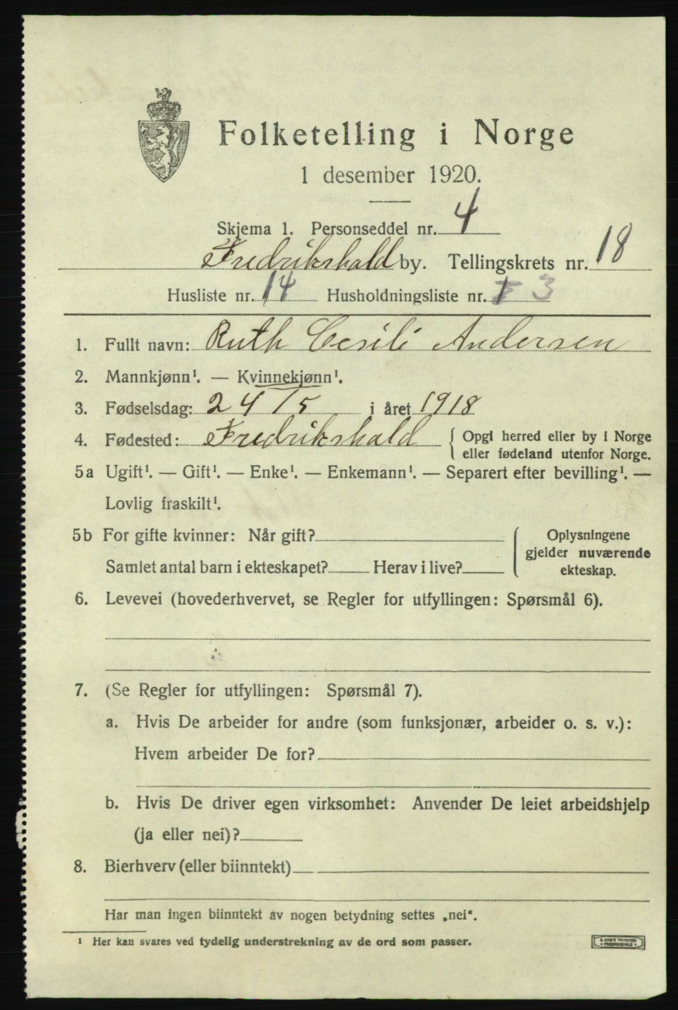 SAO, 1920 census for Fredrikshald, 1920, p. 27423
