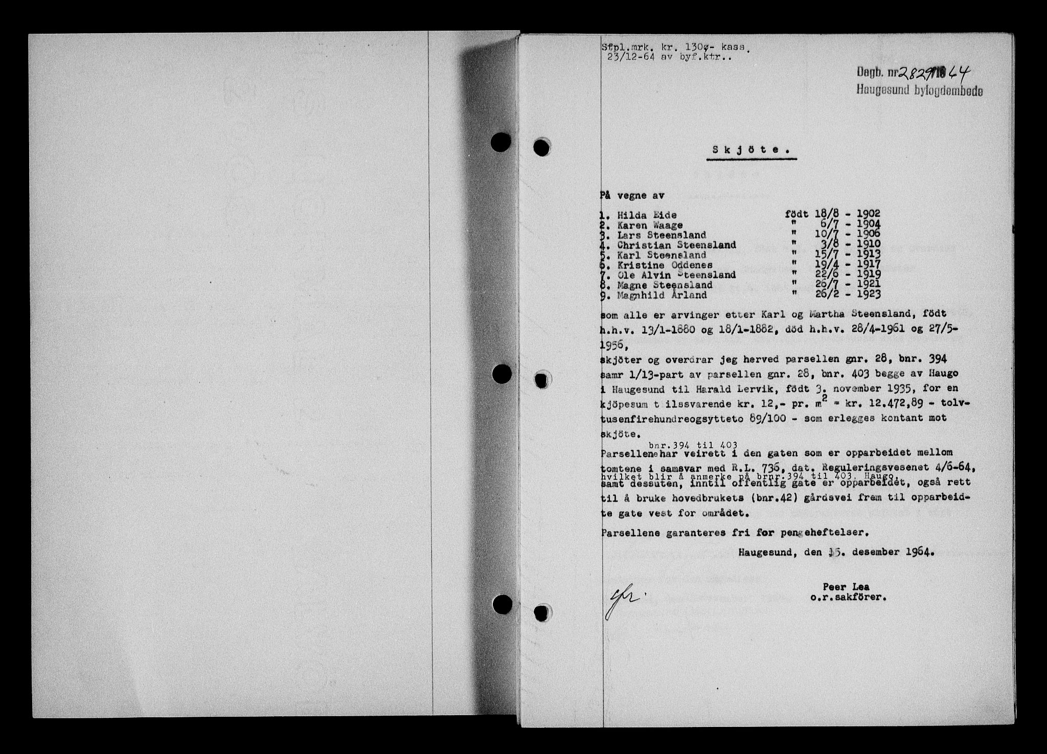 Haugesund tingrett, SAST/A-101415/01/II/IIC/L0075: Mortgage book no. A 16, 1964-1965, Diary no: : 2829/1964