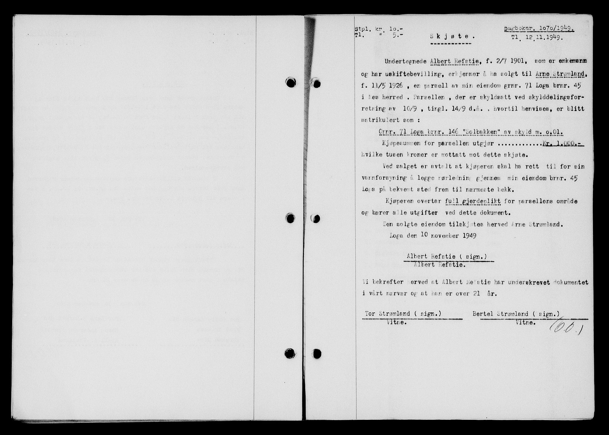 Flekkefjord sorenskriveri, SAK/1221-0001/G/Gb/Gba/L0065: Mortgage book no. A-13, 1949-1949, Diary no: : 1070/1949