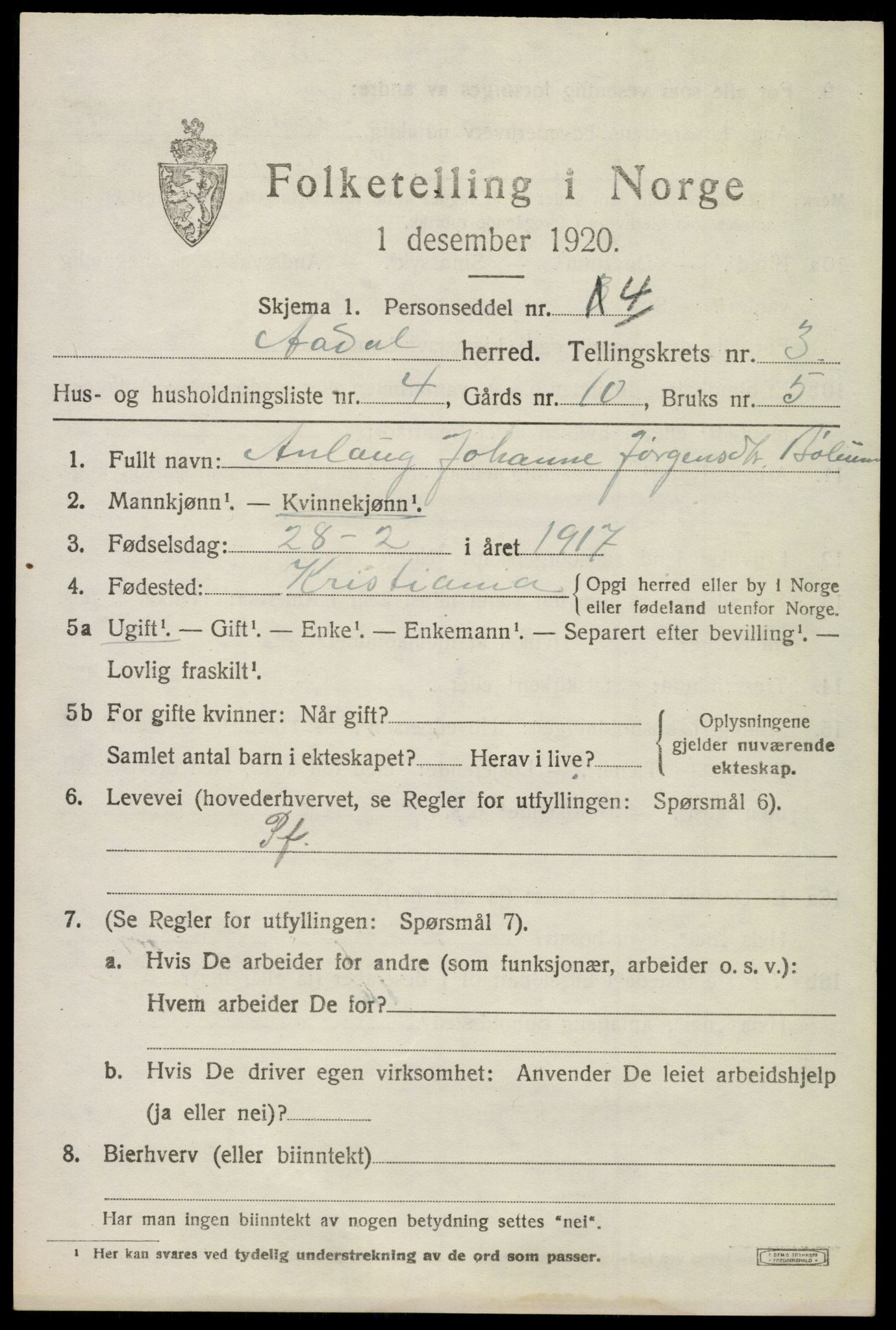 SAKO, 1920 census for Ådal, 1920, p. 3002