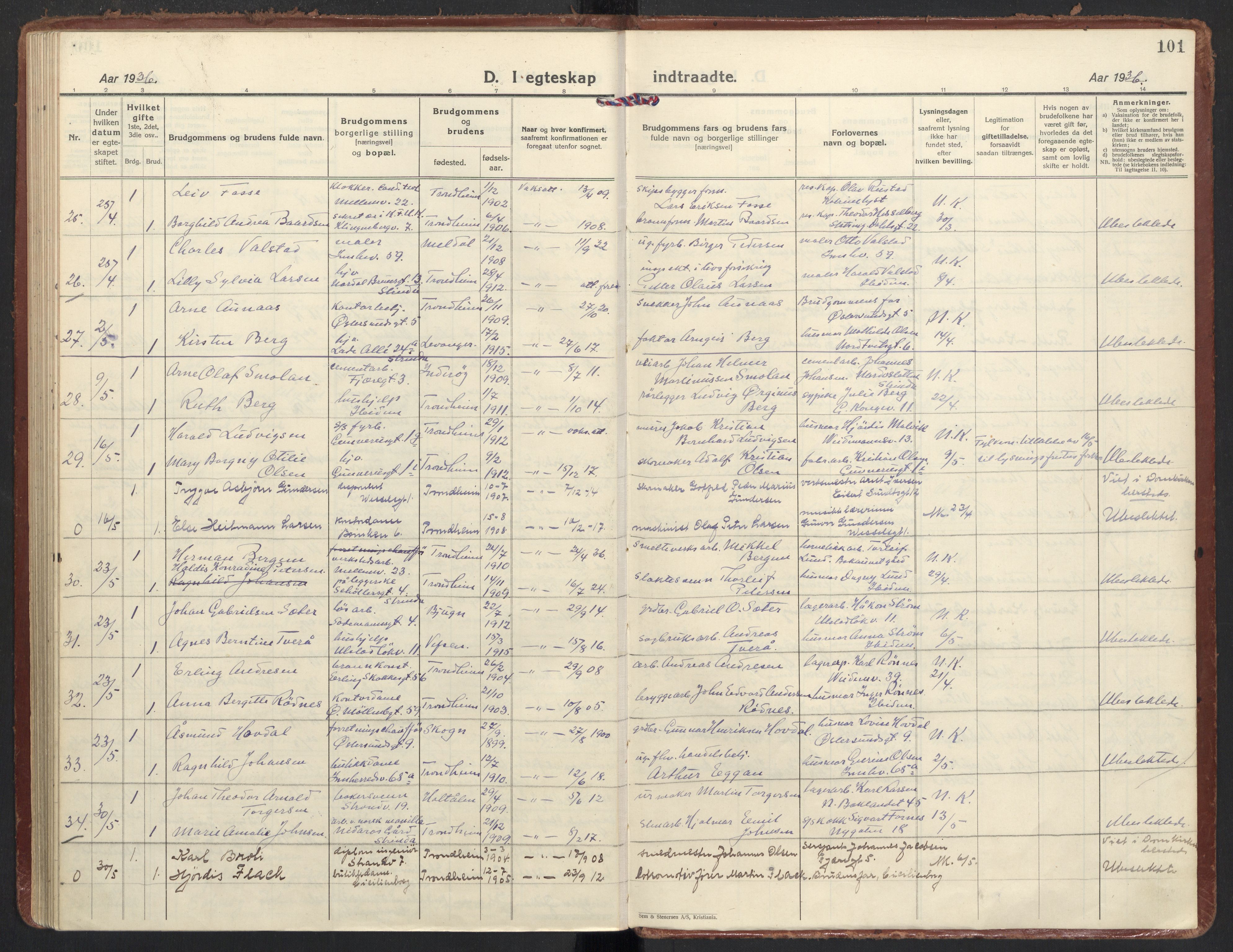 Ministerialprotokoller, klokkerbøker og fødselsregistre - Sør-Trøndelag, AV/SAT-A-1456/605/L0249: Parish register (official) no. 605A11, 1925-1936, p. 101