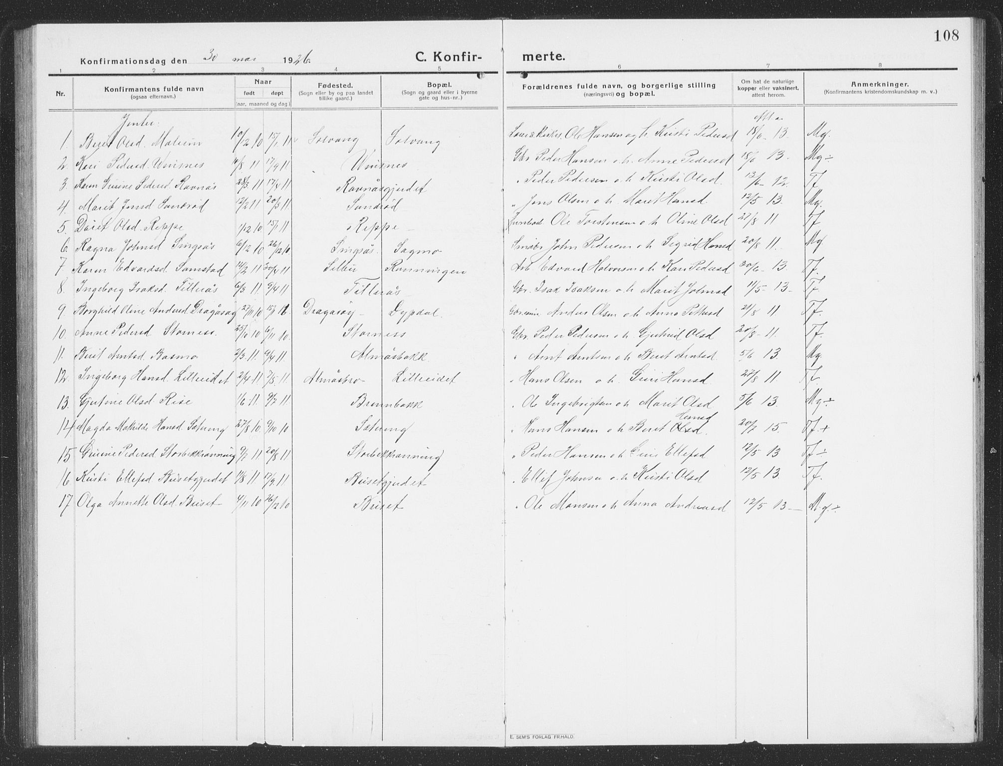 Ministerialprotokoller, klokkerbøker og fødselsregistre - Sør-Trøndelag, SAT/A-1456/688/L1030: Parish register (copy) no. 688C05, 1916-1939, p. 108