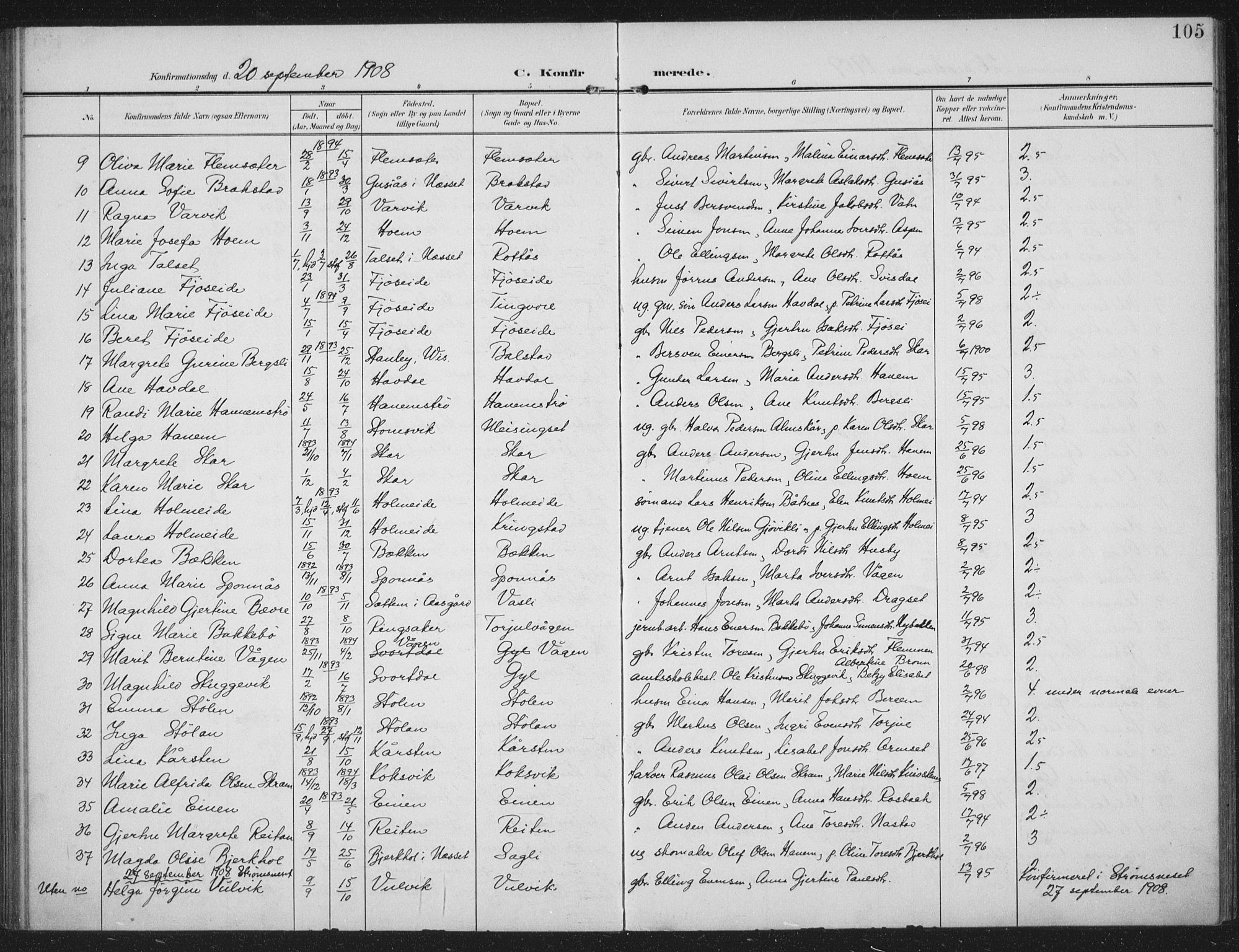 Ministerialprotokoller, klokkerbøker og fødselsregistre - Møre og Romsdal, AV/SAT-A-1454/586/L0989: Parish register (official) no. 586A15, 1906-1915, p. 105