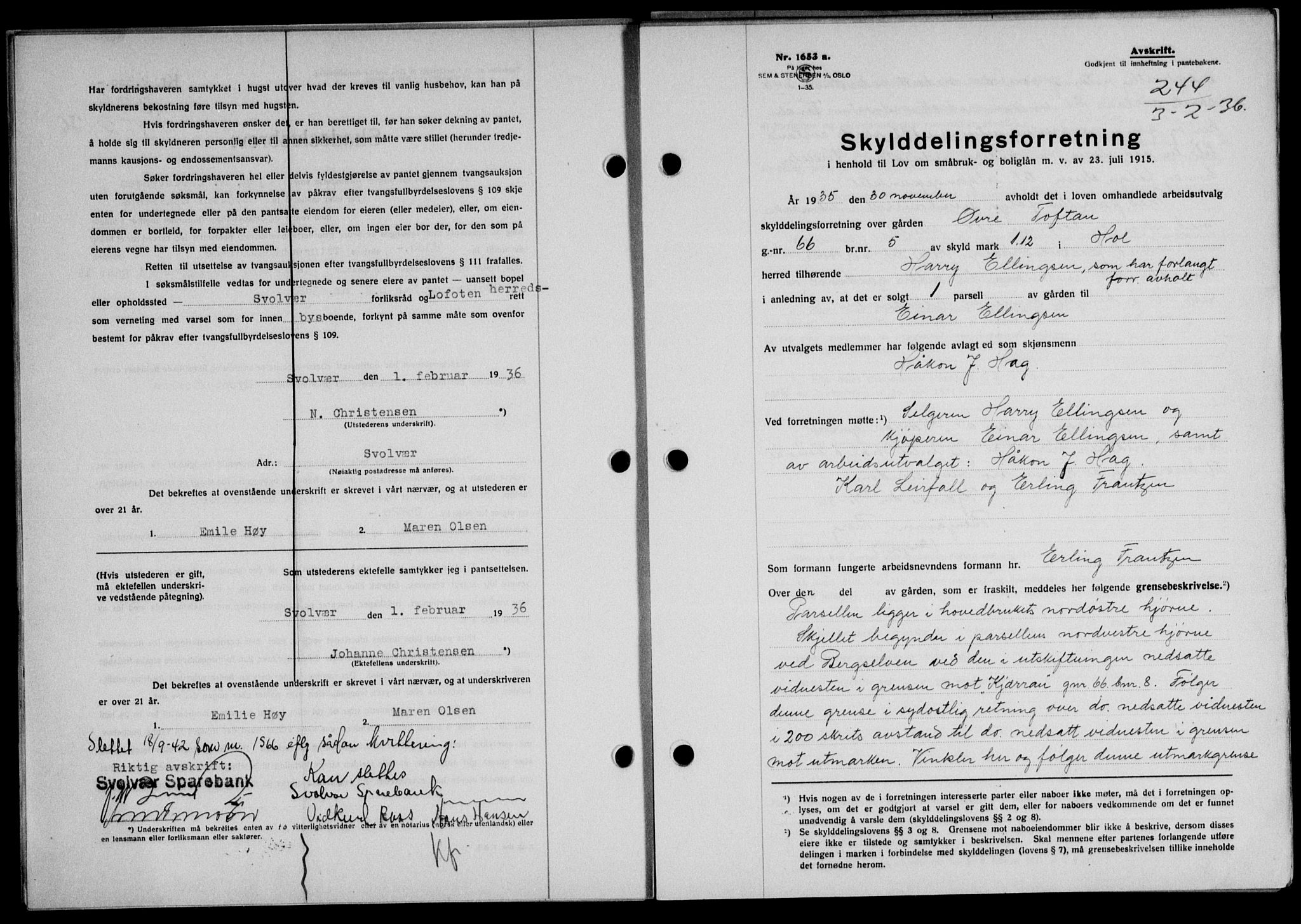 Lofoten sorenskriveri, SAT/A-0017/1/2/2C/L0033b: Mortgage book no. 33b, 1936-1936, Diary no: : 244/1936