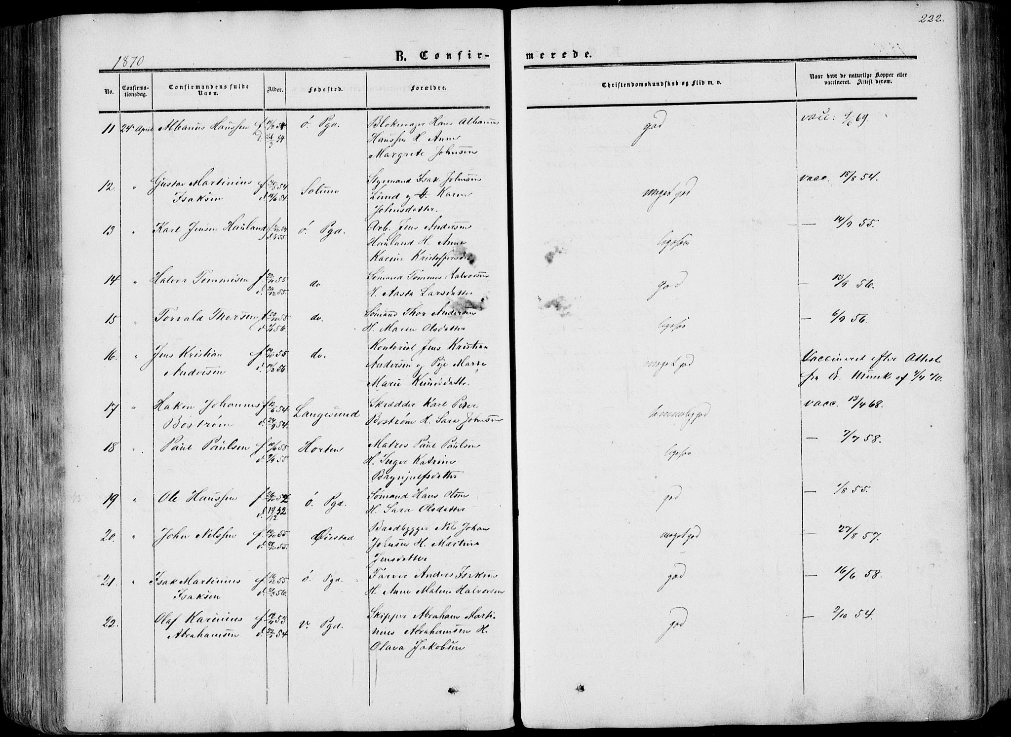 Porsgrunn kirkebøker , AV/SAKO-A-104/F/Fa/L0007: Parish register (official) no. 7, 1858-1877, p. 222