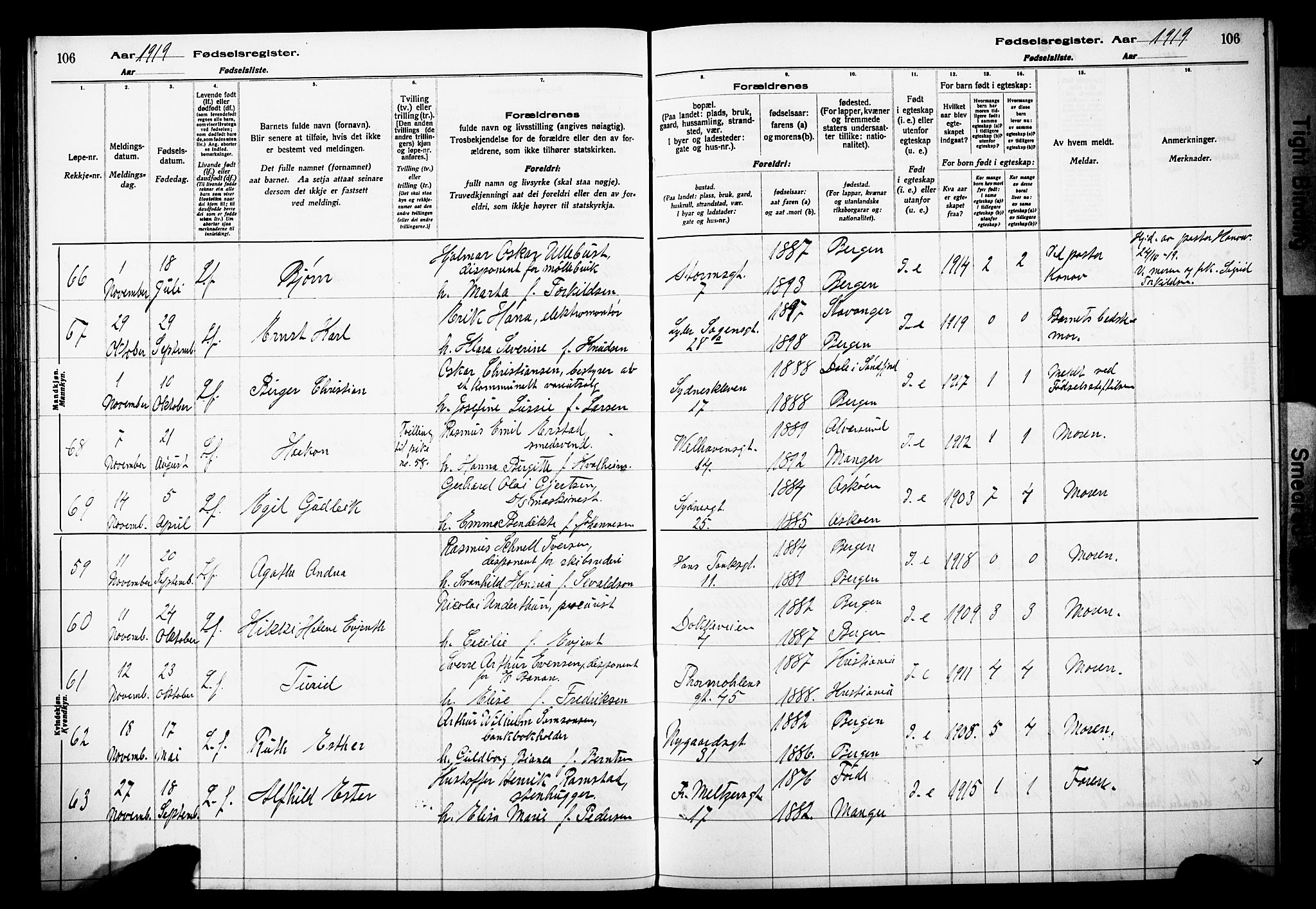 Johanneskirken sokneprestembete, AV/SAB-A-76001/I/Id/L00A1: Birth register no. A 1, 1916-1924, p. 106