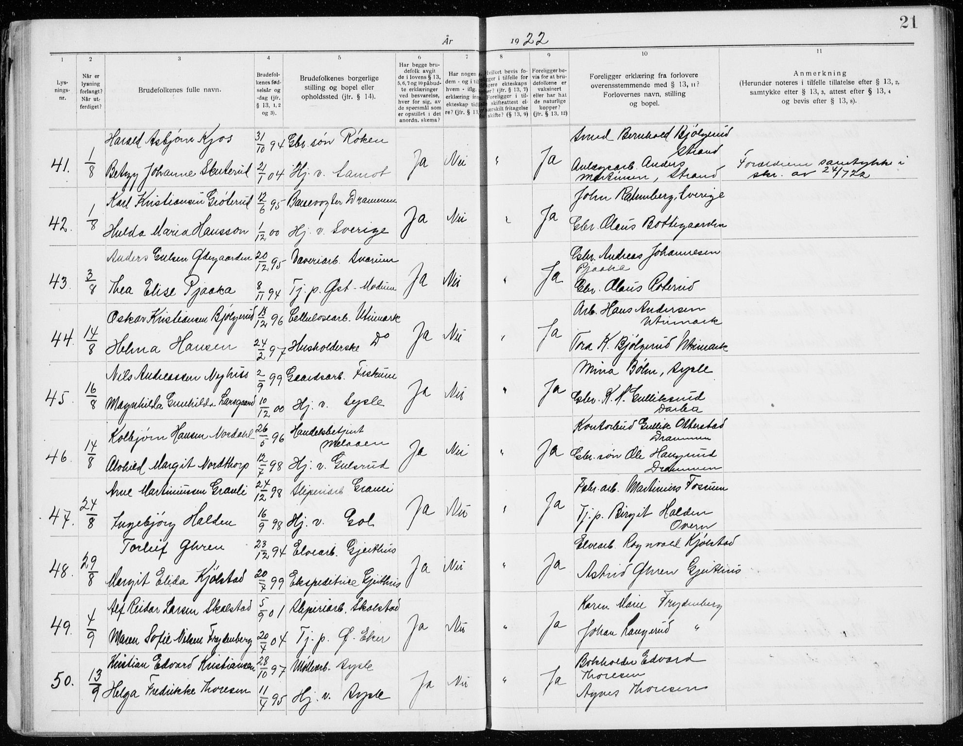 Modum kirkebøker, AV/SAKO-A-234/H/Ha/L0003: Banns register no. I 3, 1920-1934, p. 21