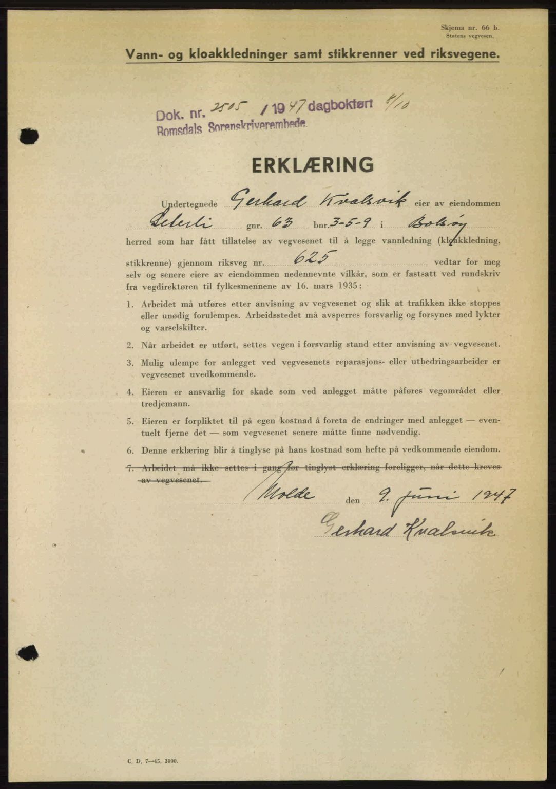 Romsdal sorenskriveri, AV/SAT-A-4149/1/2/2C: Mortgage book no. A24, 1947-1947, Diary no: : 2505/1947