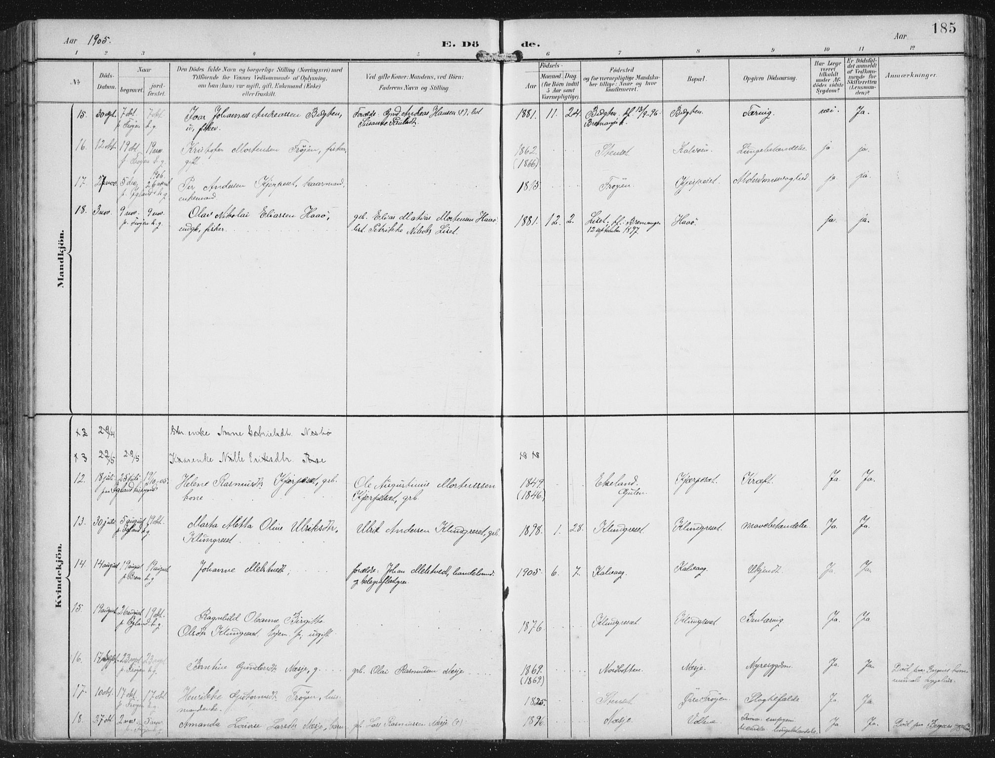 Bremanger sokneprestembete, AV/SAB-A-82201/H/Haa/Haab/L0002: Parish register (official) no. B  2, 1896-1908, p. 185