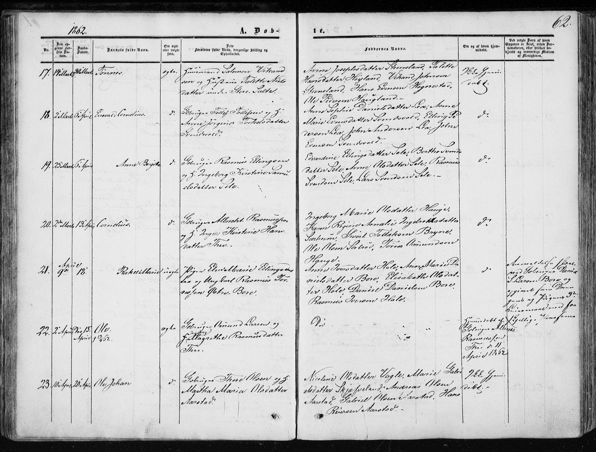 Klepp sokneprestkontor, AV/SAST-A-101803/001/3/30BA/L0005: Parish register (official) no. A 5, 1853-1870, p. 62