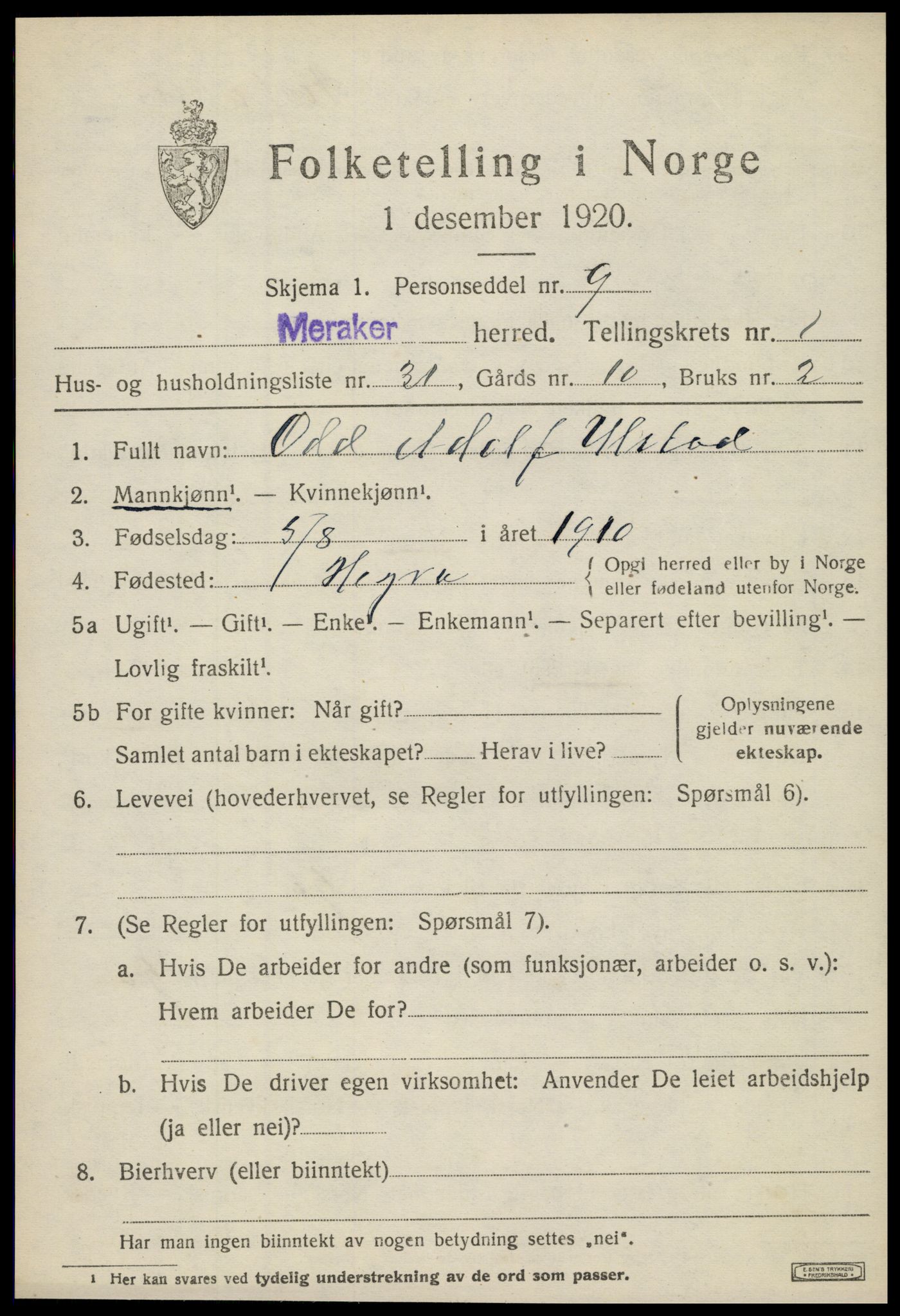 SAT, 1920 census for Meråker, 1920, p. 1172