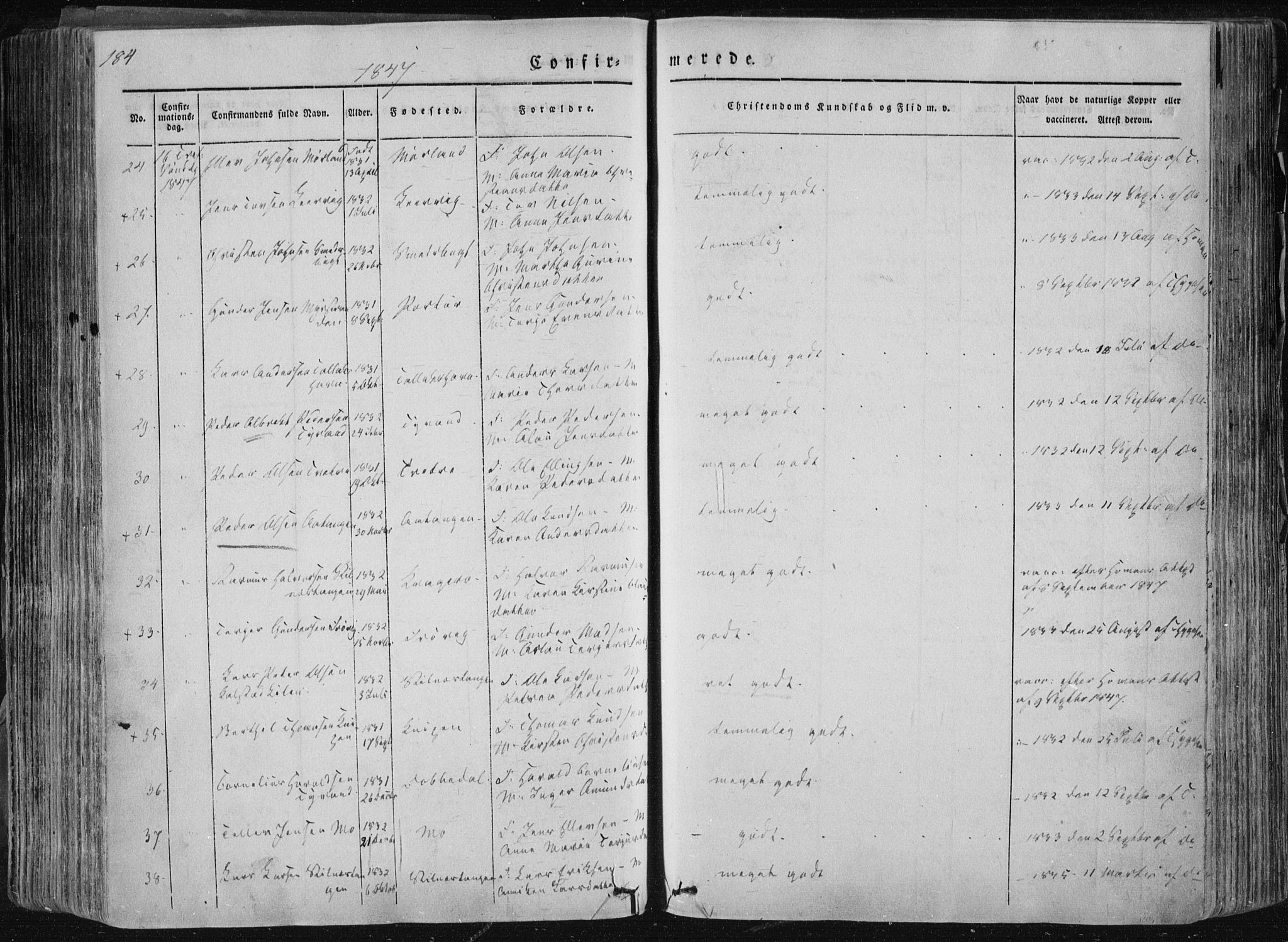 Sannidal kirkebøker, AV/SAKO-A-296/F/Fa/L0007: Parish register (official) no. 7, 1831-1854, p. 184