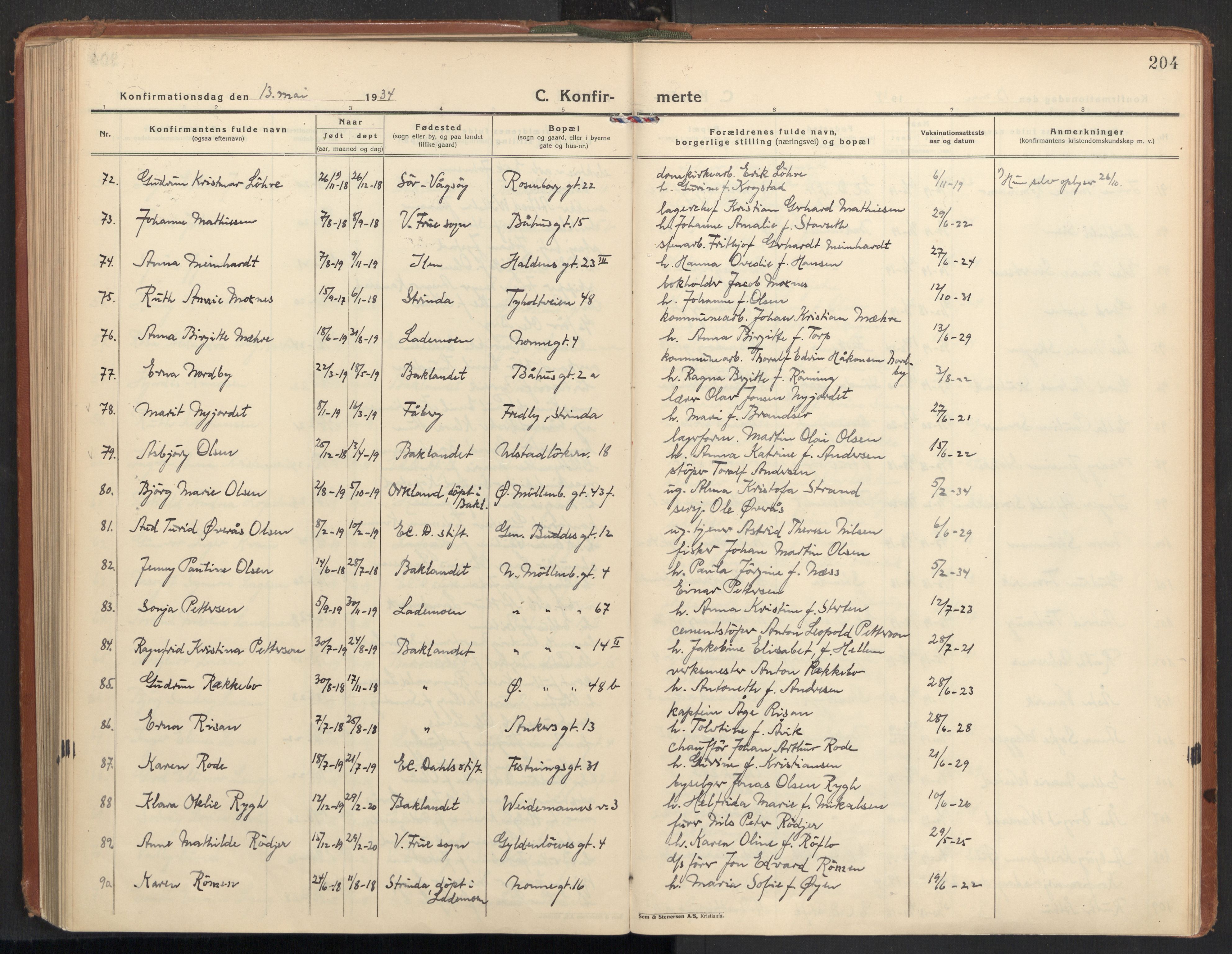 Ministerialprotokoller, klokkerbøker og fødselsregistre - Sør-Trøndelag, AV/SAT-A-1456/604/L0208: Parish register (official) no. 604A28, 1923-1937, p. 204