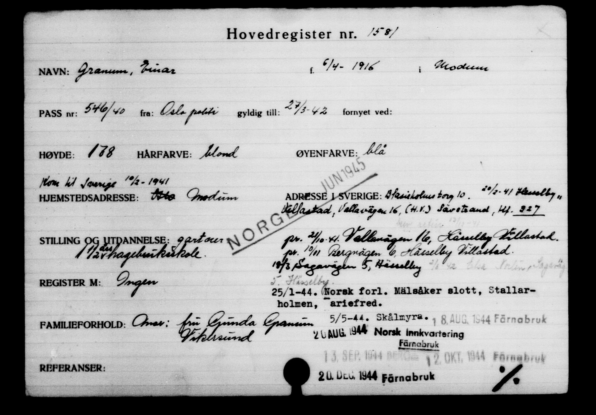Utenriksstasjonene, Legasjonen i Stockholm, Flyktningkontoret, AV/RA-S-6753/V/Va/L0002: Kjesäterkartoteket, flyktninger med registreringsnr. 1001-2000, 1940-1945, p. 833