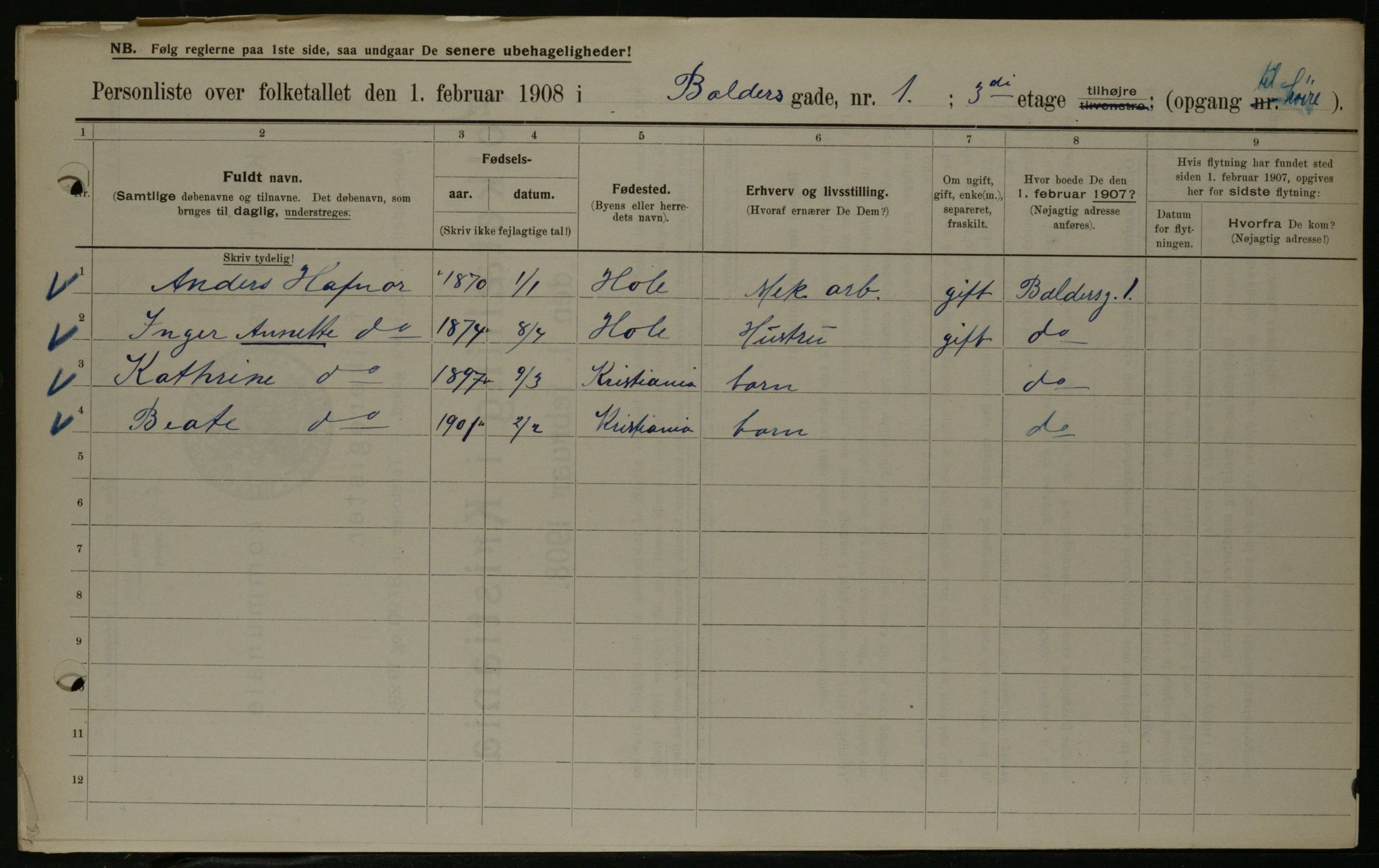 OBA, Municipal Census 1908 for Kristiania, 1908, p. 3086