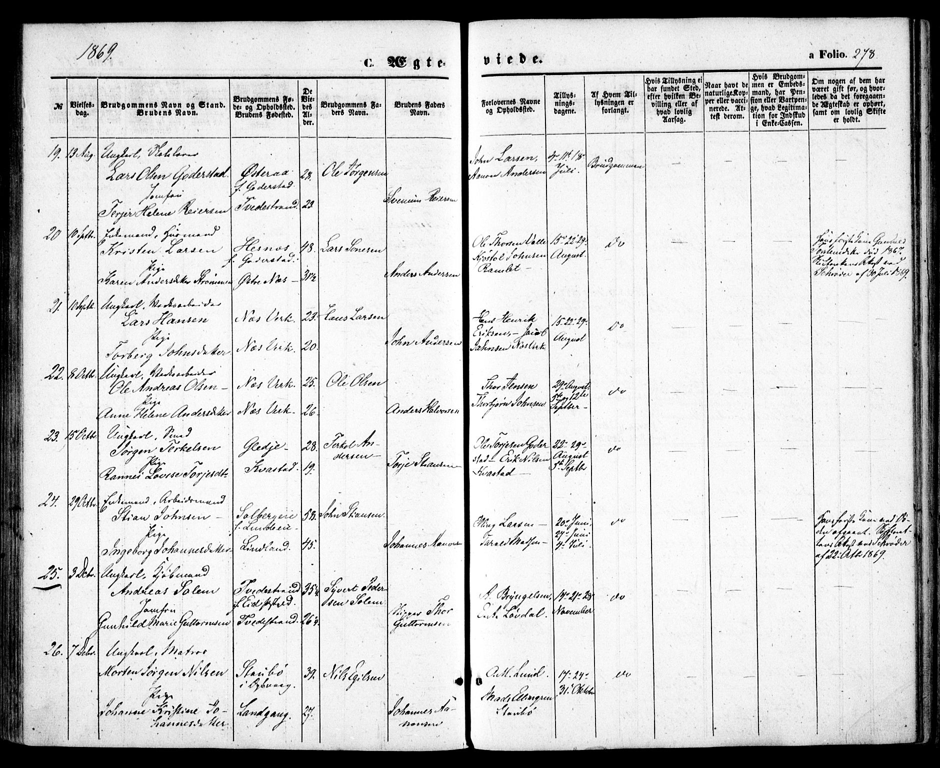 Holt sokneprestkontor, AV/SAK-1111-0021/F/Fa/L0009: Parish register (official) no. A 9, 1861-1871, p. 278