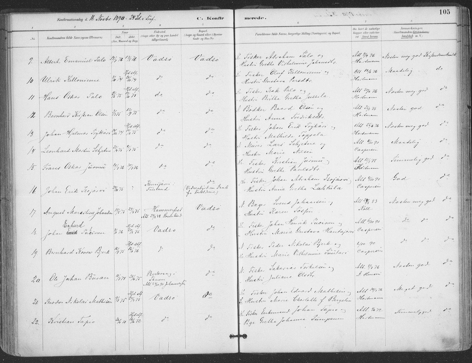 Vadsø sokneprestkontor, AV/SATØ-S-1325/H/Ha/L0006kirke: Parish register (official) no. 6, 1885-1895, p. 105