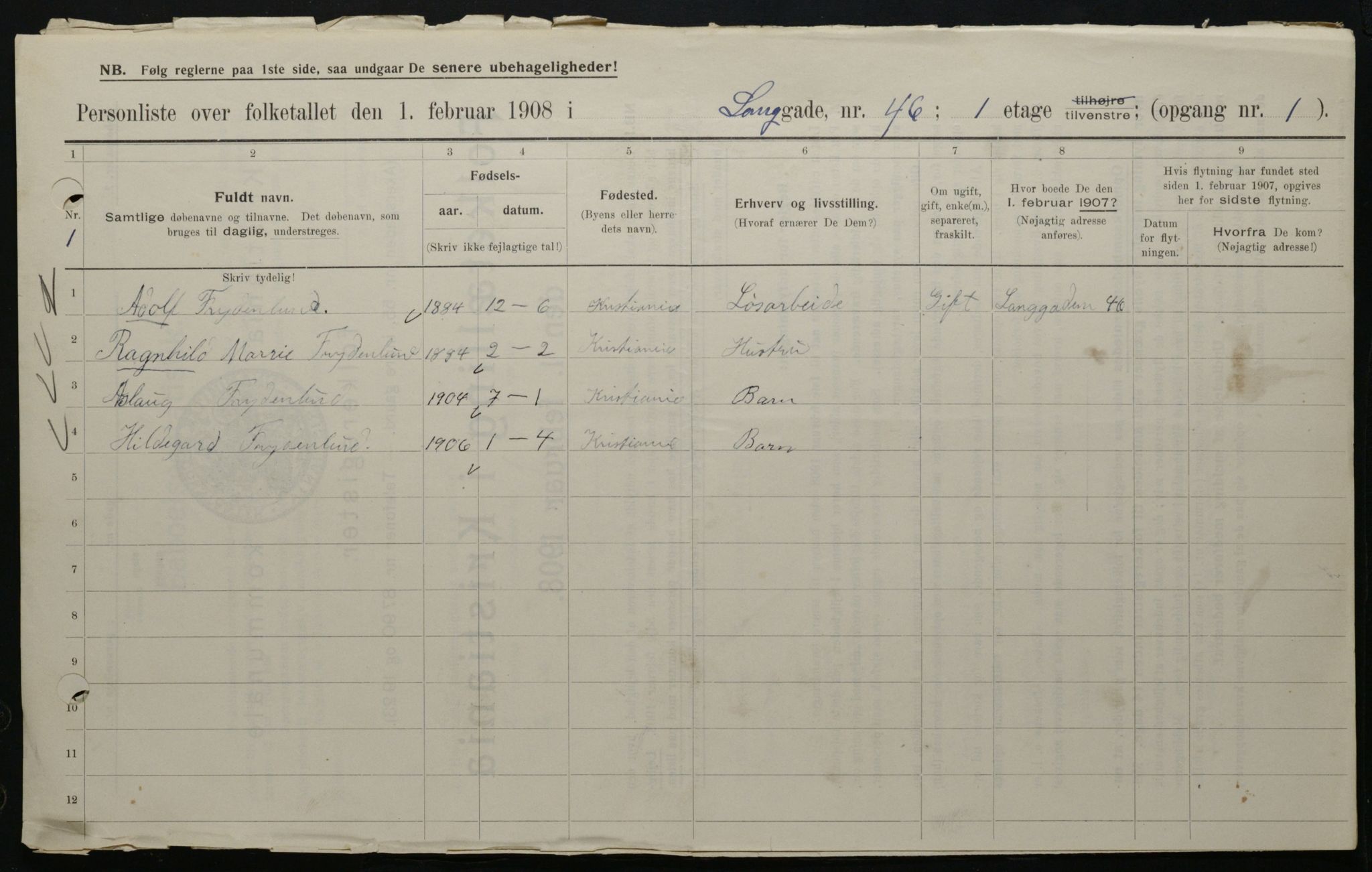 OBA, Municipal Census 1908 for Kristiania, 1908, p. 51064