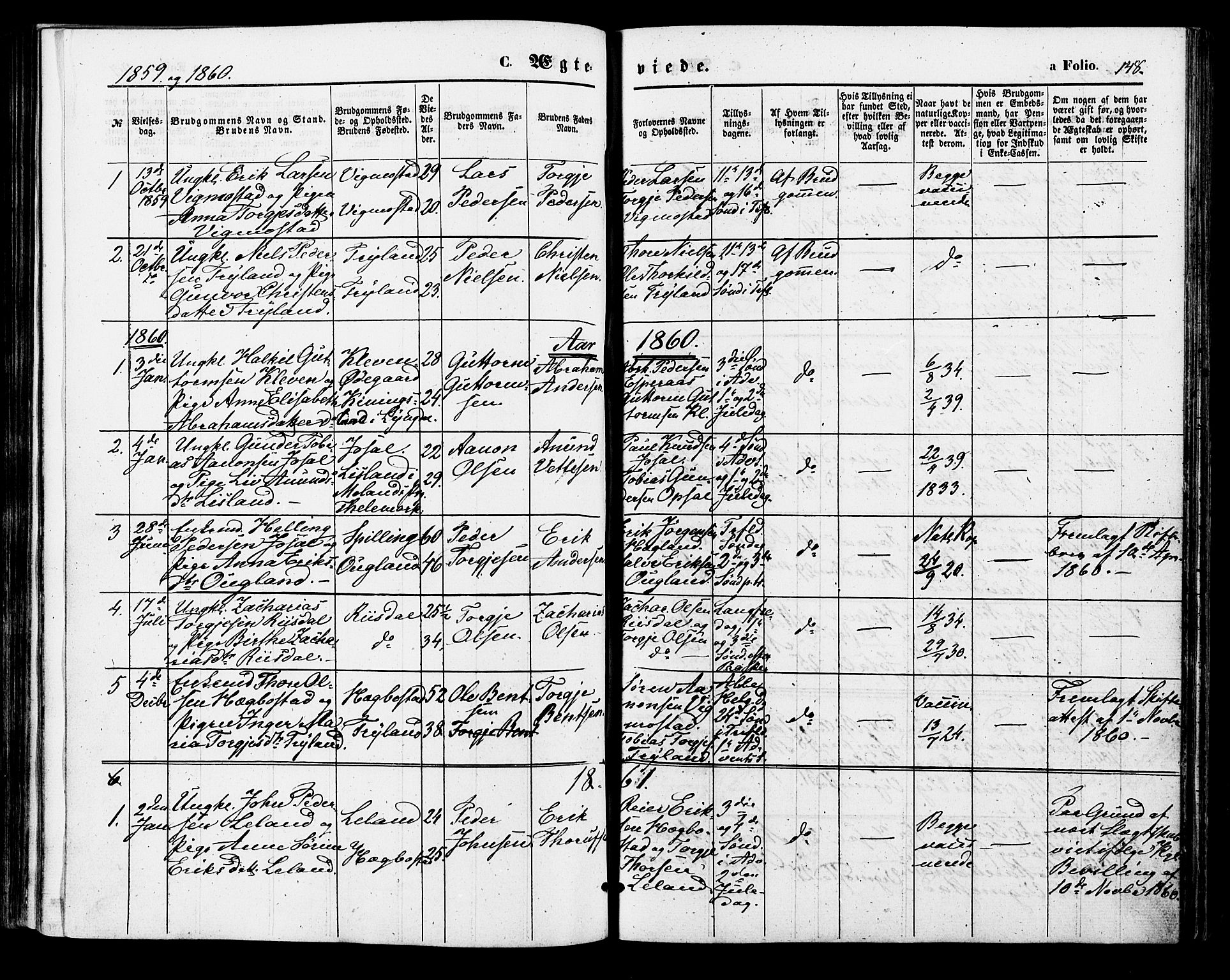 Nord-Audnedal sokneprestkontor, SAK/1111-0032/F/Fa/Fab/L0002: Parish register (official) no. A 2, 1859-1882, p. 148