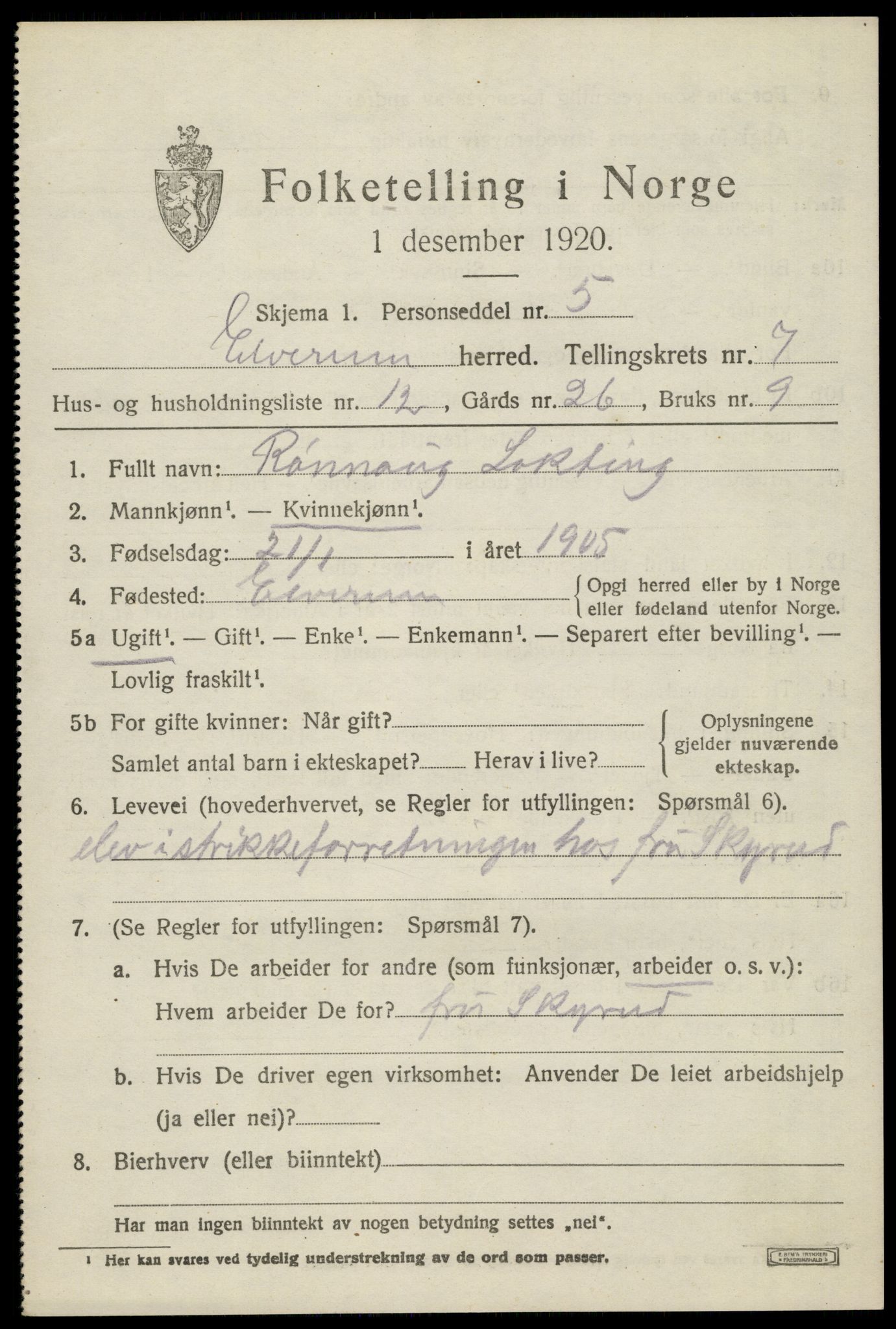 SAH, 1920 census for Elverum, 1920, p. 11084