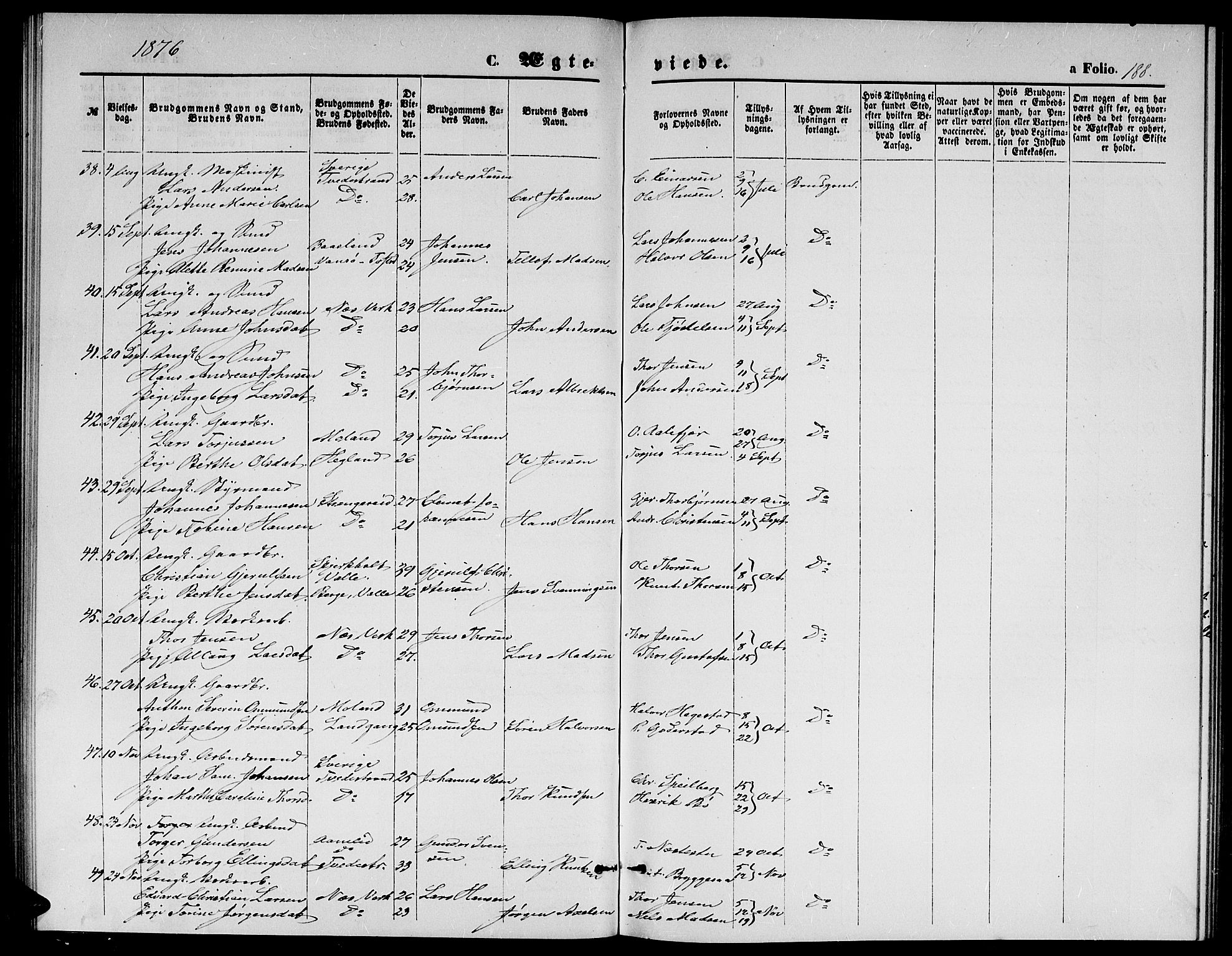 Holt sokneprestkontor, SAK/1111-0021/F/Fb/L0009: Parish register (copy) no. B 9, 1871-1883, p. 188