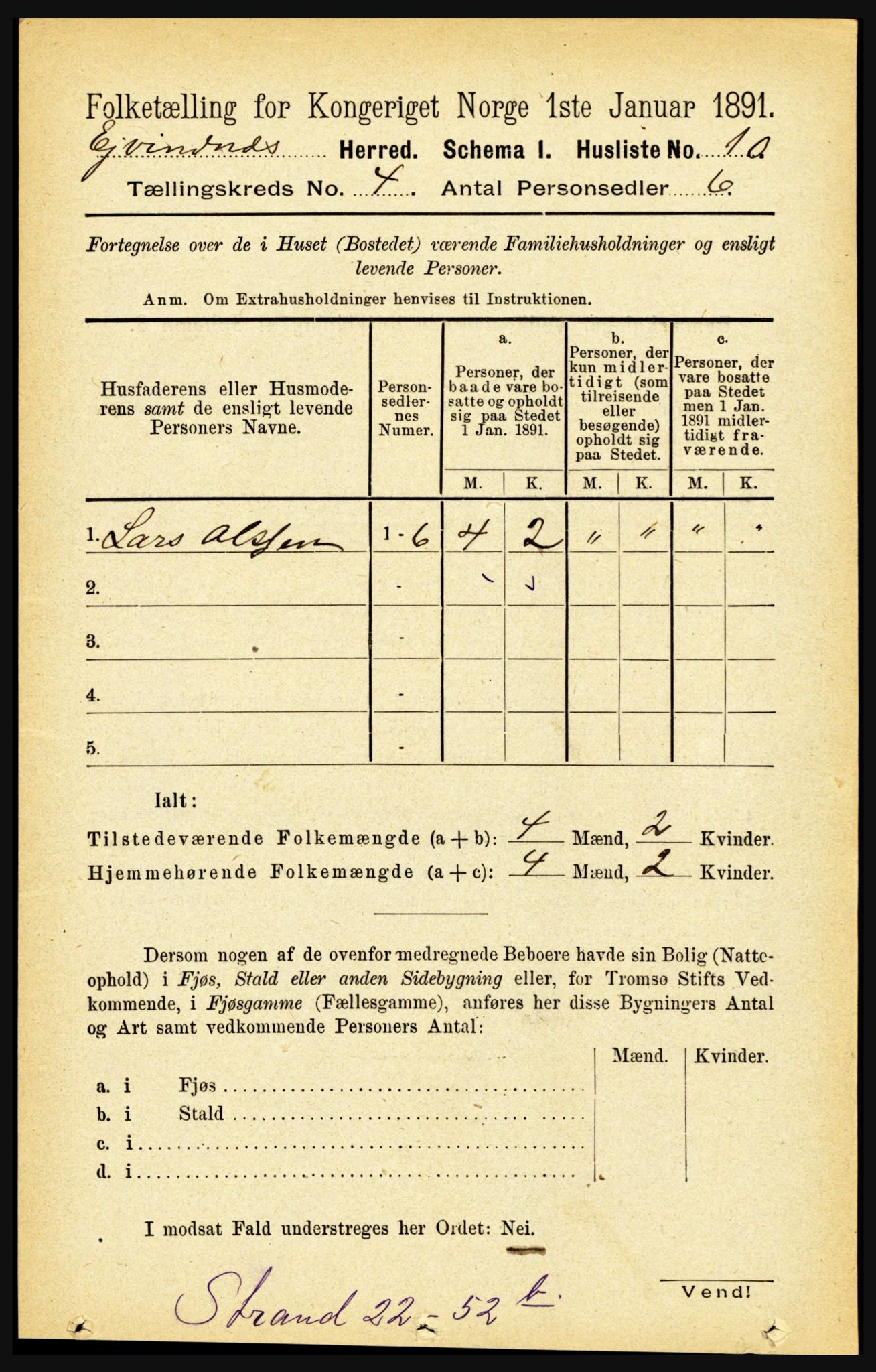 RA, 1891 census for 1853 Evenes, 1891, p. 1185