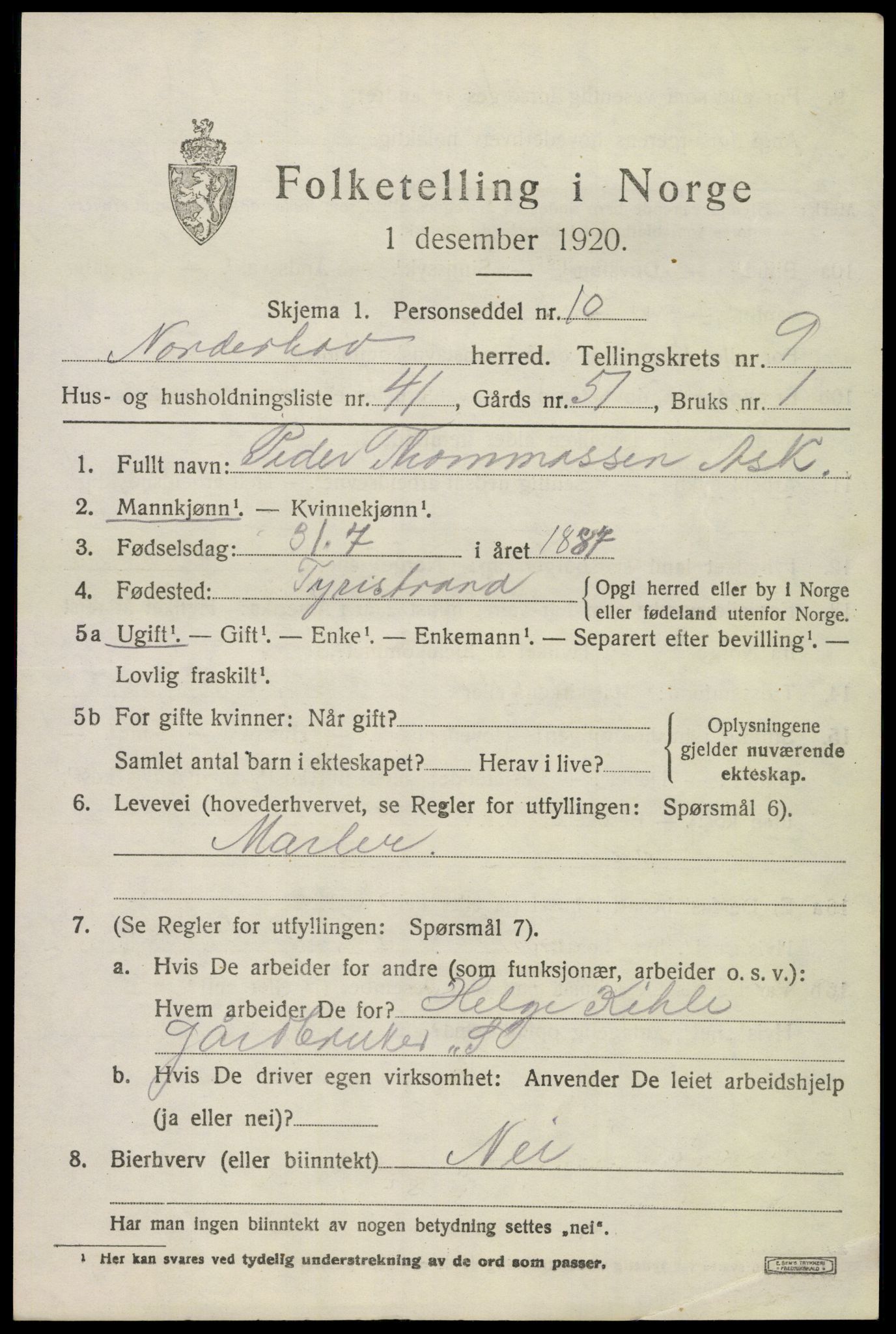 SAKO, 1920 census for Norderhov, 1920, p. 11665