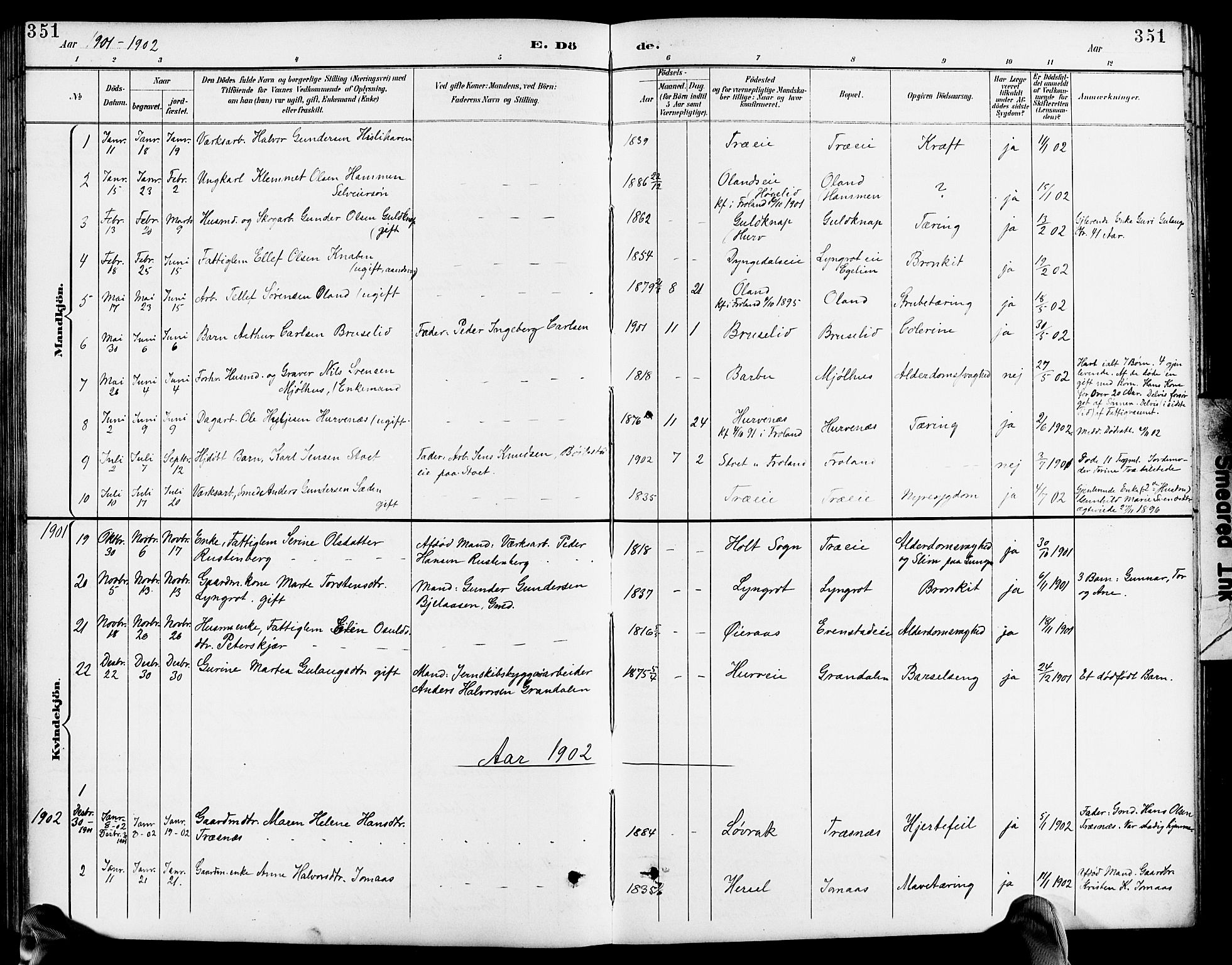 Froland sokneprestkontor, AV/SAK-1111-0013/F/Fb/L0010: Parish register (copy) no. B 10, 1893-1920, p. 351