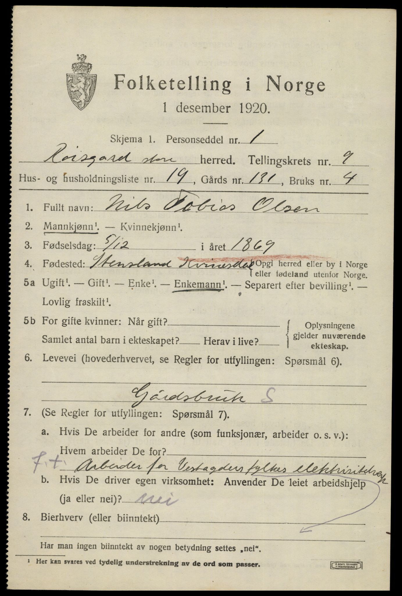 SAK, 1920 census for Lyngdal, 1920, p. 4805