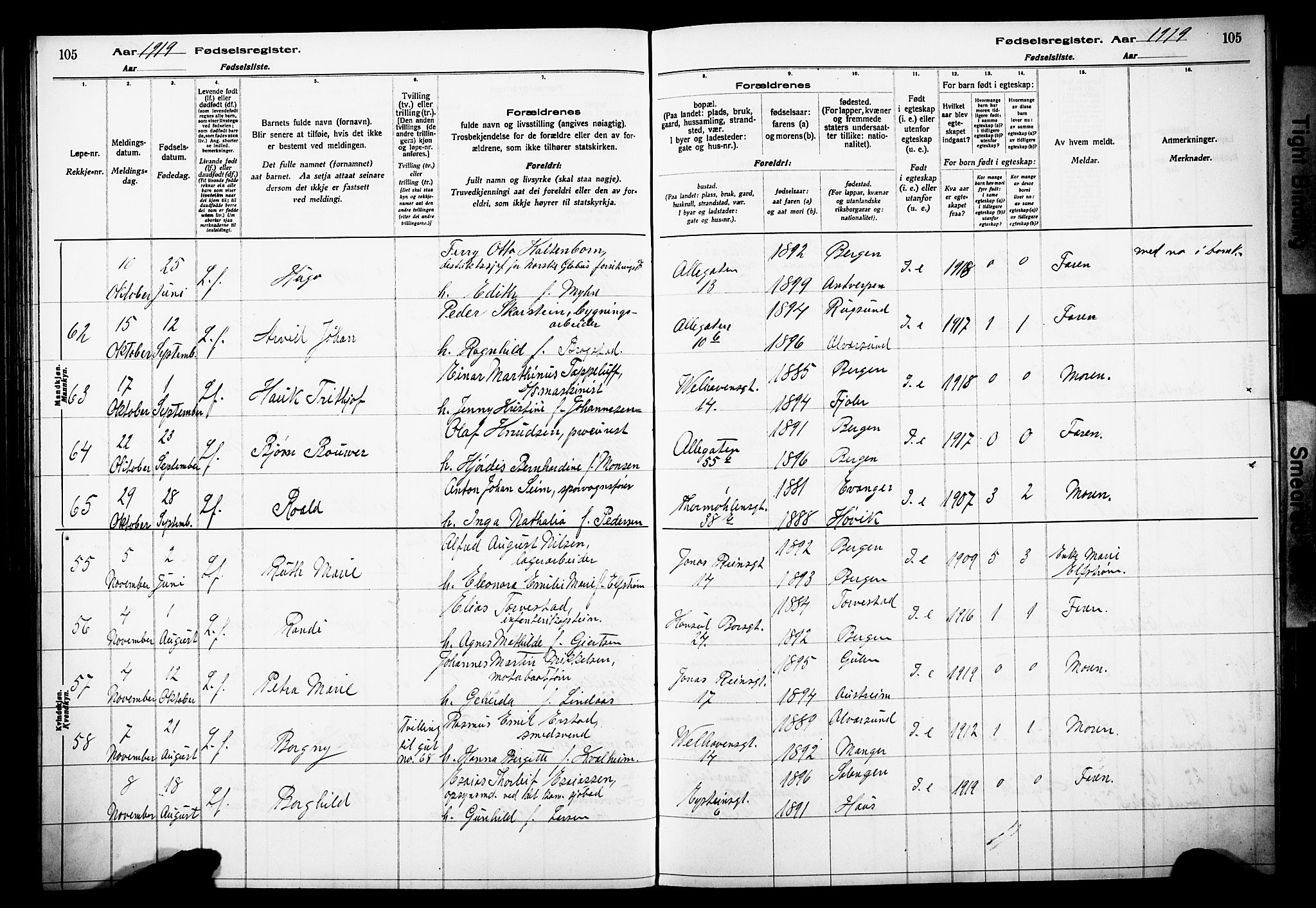 Johanneskirken sokneprestembete, AV/SAB-A-76001/I/Id/L00A1: Birth register no. A 1, 1916-1924, p. 105