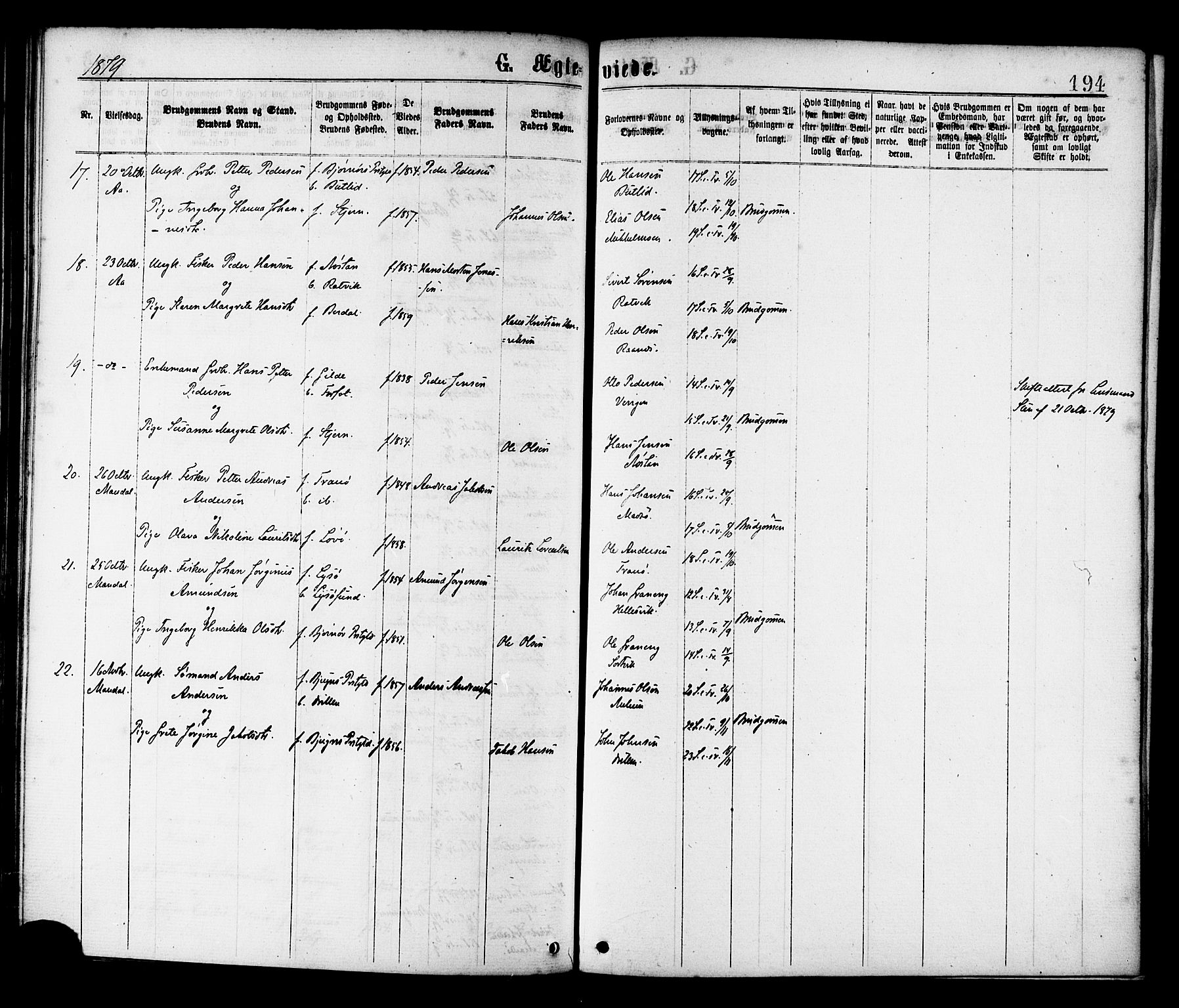 Ministerialprotokoller, klokkerbøker og fødselsregistre - Sør-Trøndelag, SAT/A-1456/655/L0679: Parish register (official) no. 655A08, 1873-1879, p. 194
