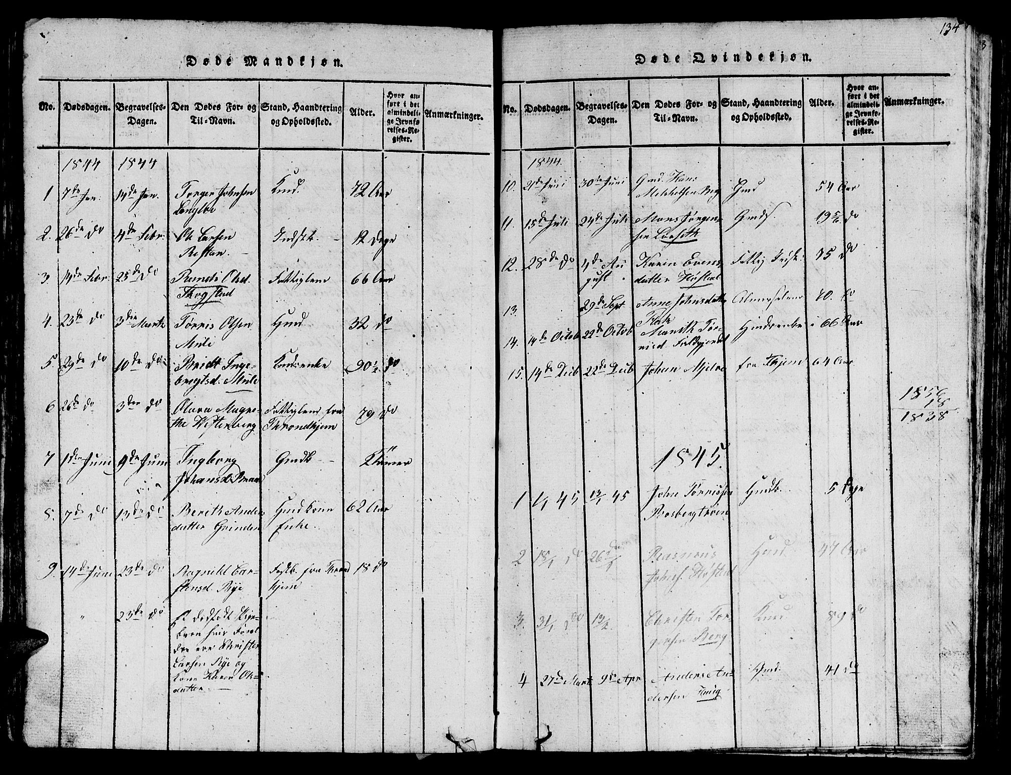 Ministerialprotokoller, klokkerbøker og fødselsregistre - Sør-Trøndelag, SAT/A-1456/612/L0385: Parish register (copy) no. 612C01, 1816-1845, p. 134