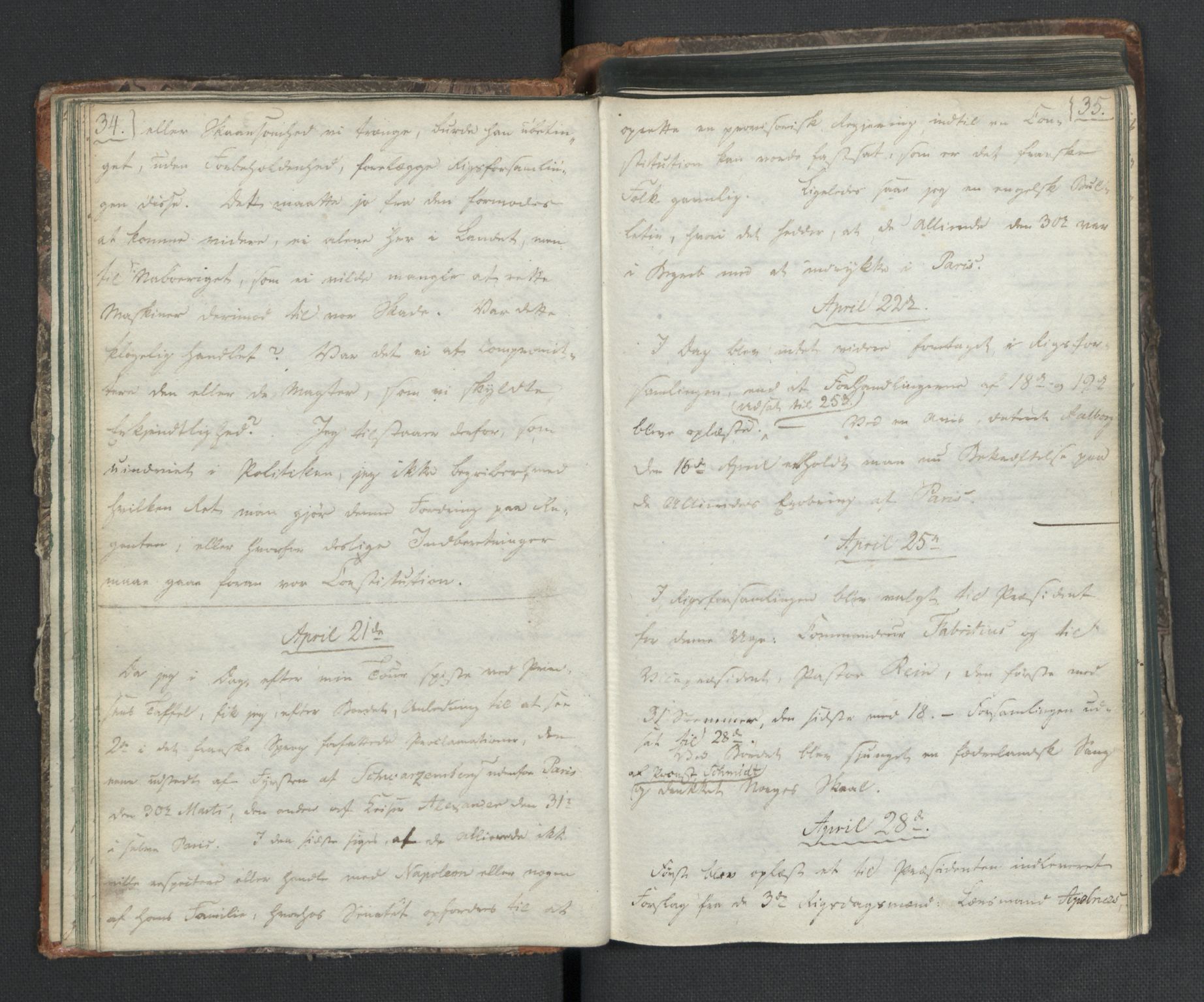 Manuskriptsamlingen, RA/EA-3667/H/L0021: Byfogd Gregers Winther Wulfbergs dagbok under Riksforsamlingen på Eidsvoll, 1814, p. 34-35