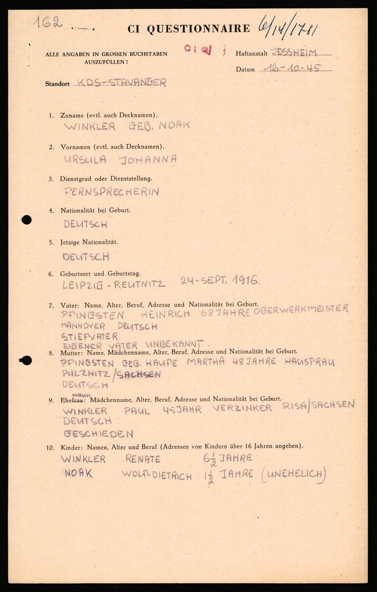 Forsvaret, Forsvarets overkommando II, AV/RA-RAFA-3915/D/Db/L0036: CI Questionaires. Tyske okkupasjonsstyrker i Norge. Tyskere., 1945-1946, p. 168