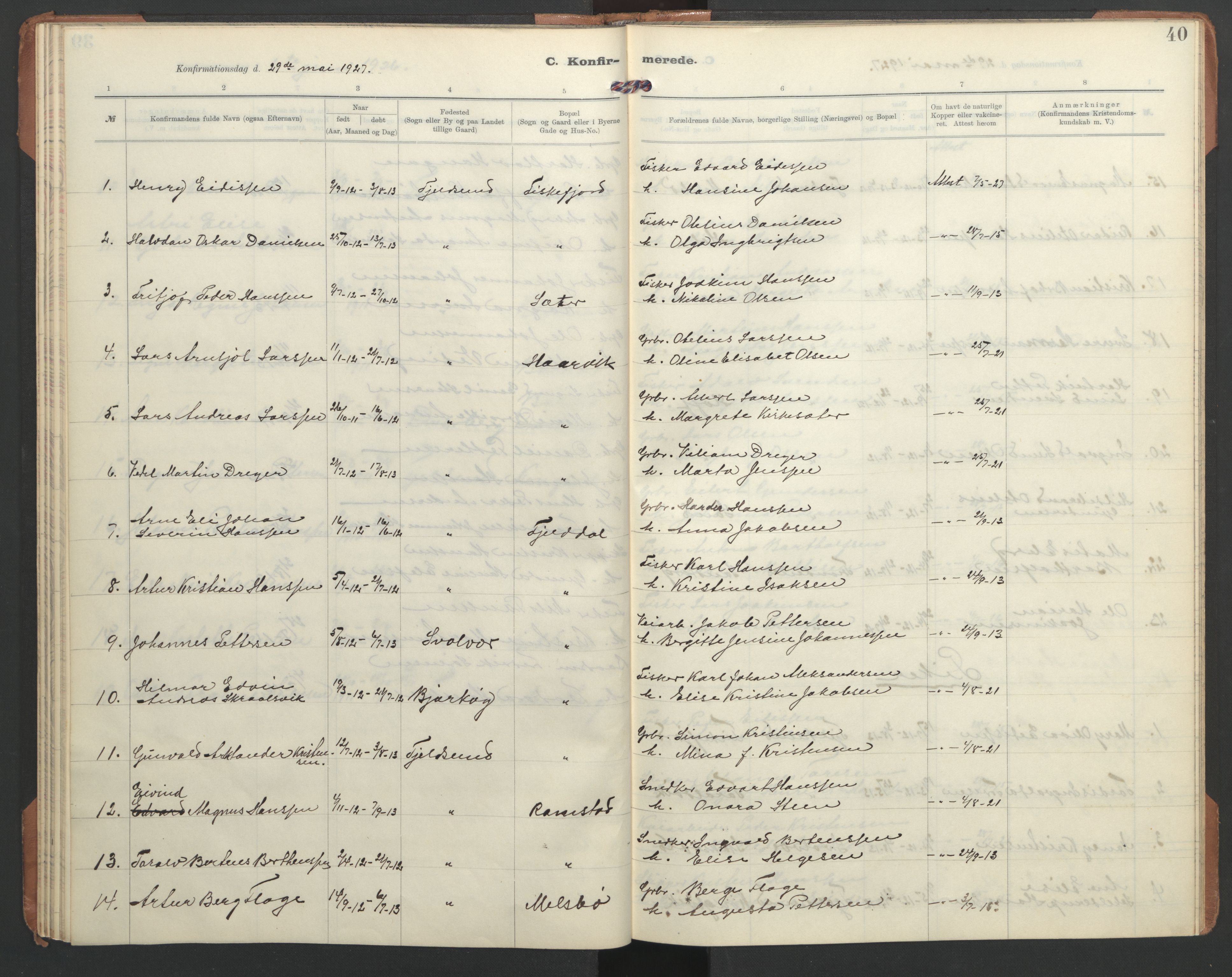 Ministerialprotokoller, klokkerbøker og fødselsregistre - Nordland, AV/SAT-A-1459/865/L0934: Parish register (copy) no. 865C06, 1911-1942, p. 40