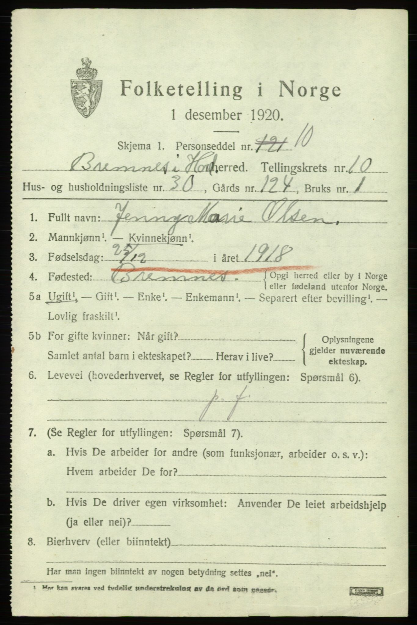 SAB, 1920 census for Bremnes, 1920, p. 6600