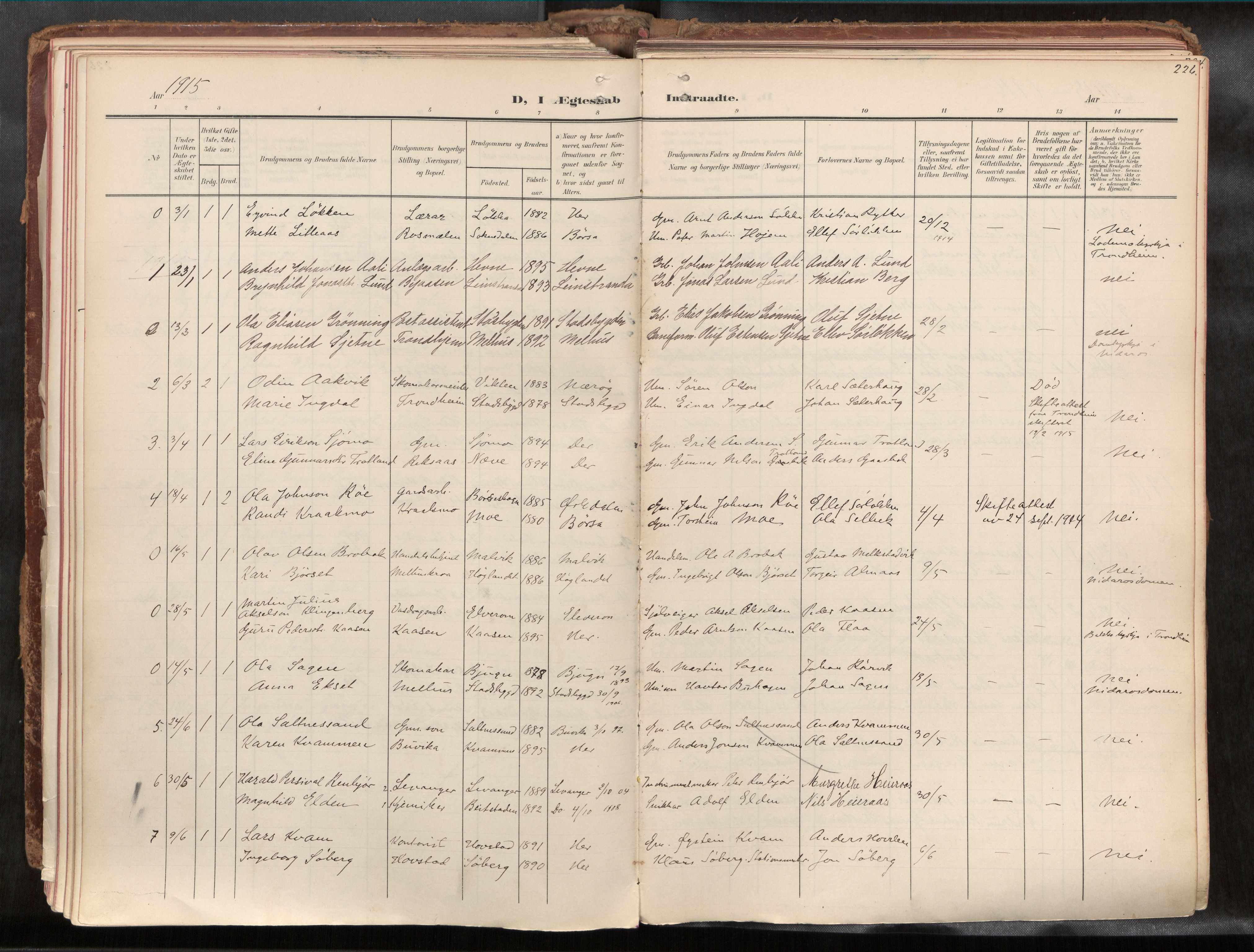 Ministerialprotokoller, klokkerbøker og fødselsregistre - Sør-Trøndelag, SAT/A-1456/691/L1085b: Parish register (official) no. 691A18, 1908-1930, p. 226
